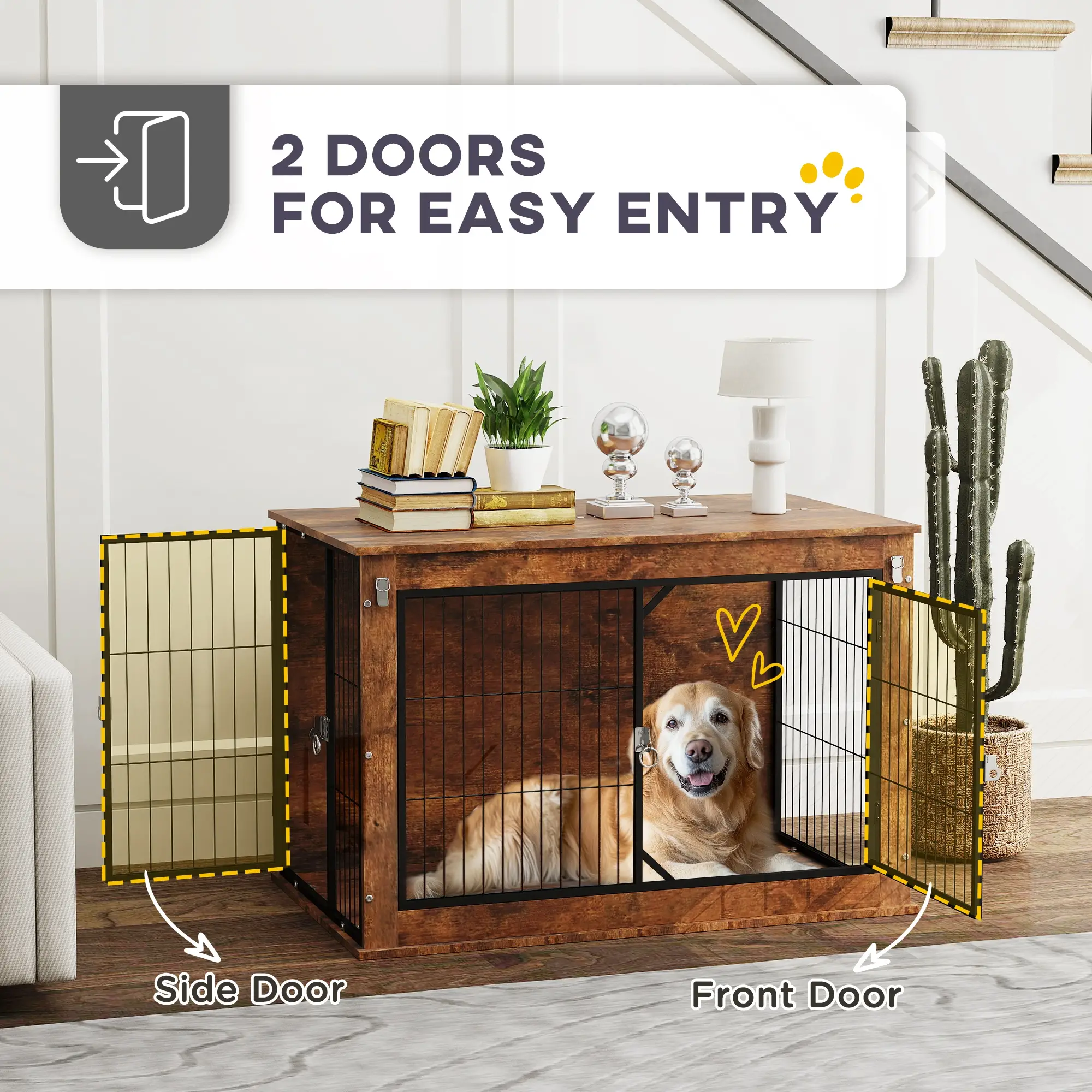 39" Dog Crate Furniture, Flip-up Top, 2 Doors, Rustic Brown - Image 6