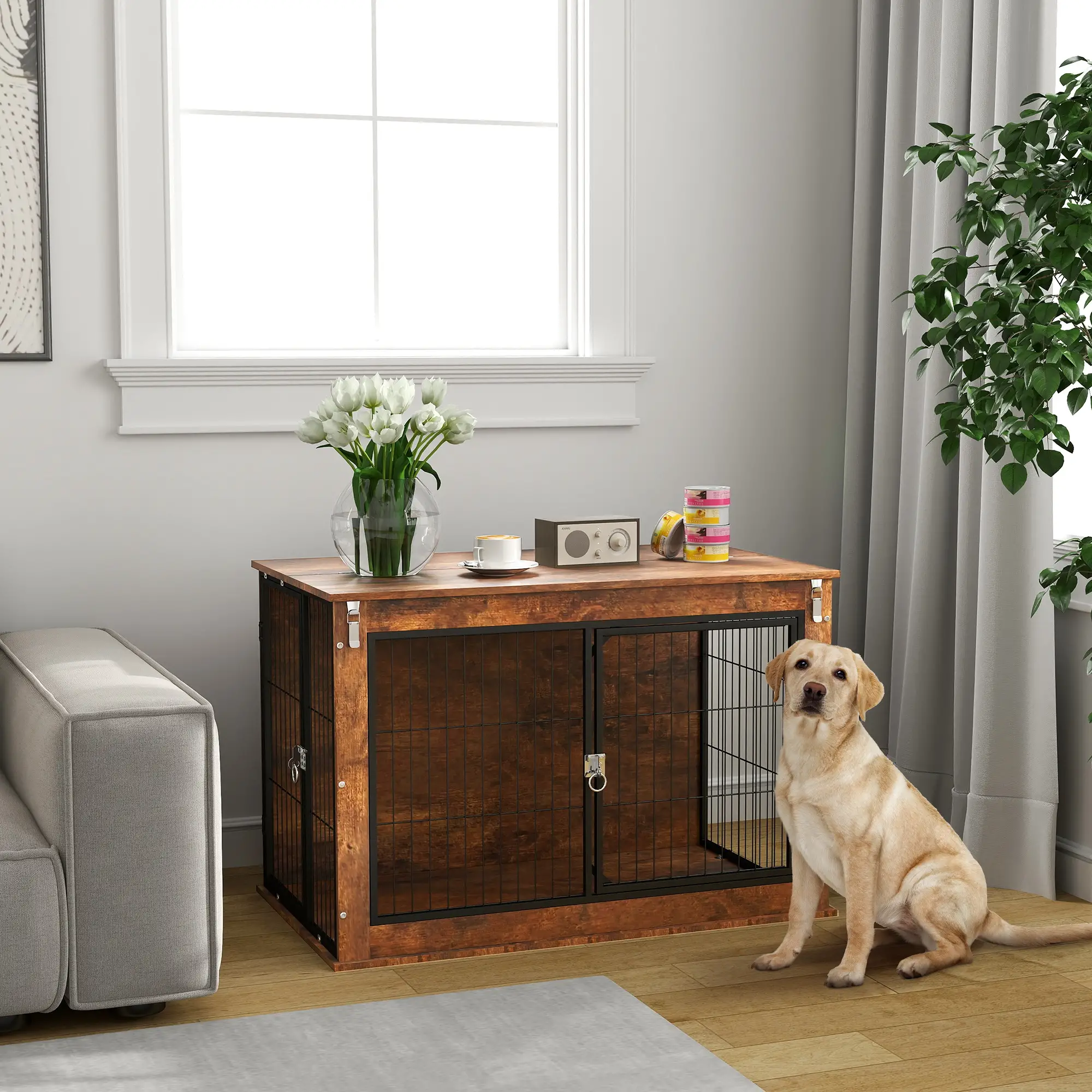39" Dog Crate Furniture, Flip-up Top, 2 Doors, Rustic Brown - Image 8