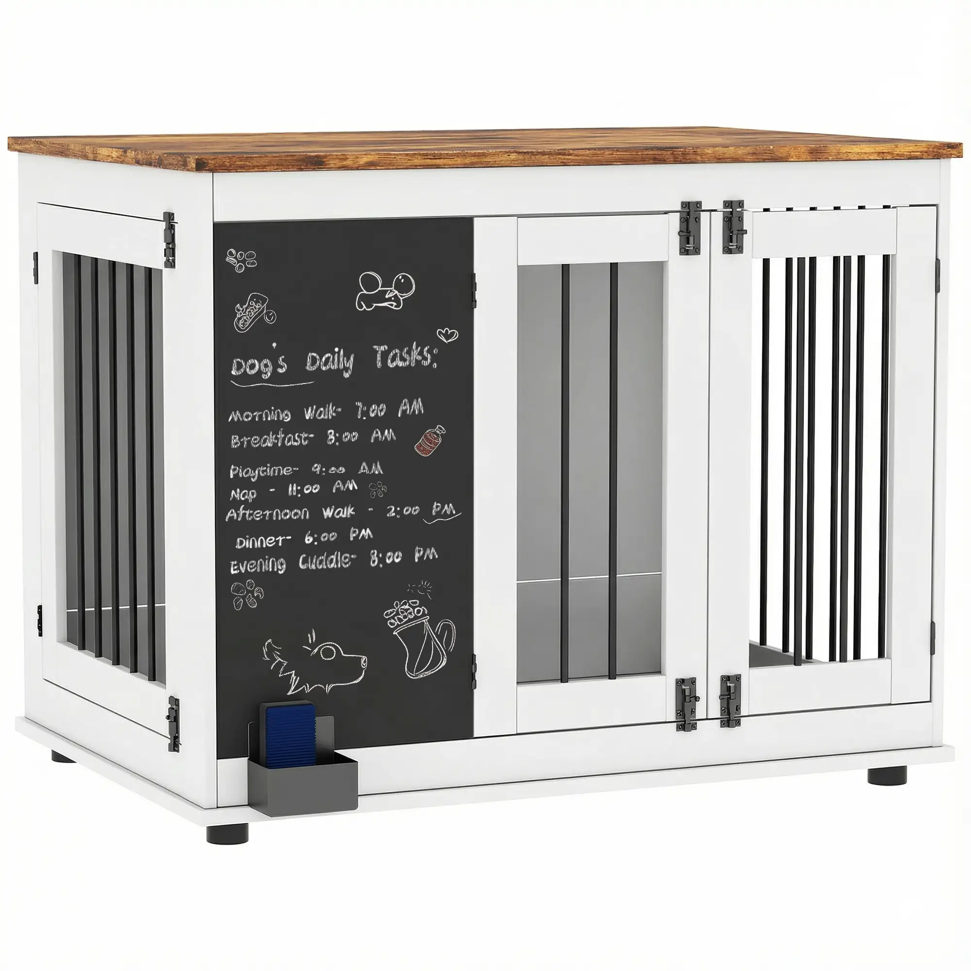 39" Dog Crate Furniture, Side End Table, Large Dogs, Blackboard, 3 Doors, White - Image 11