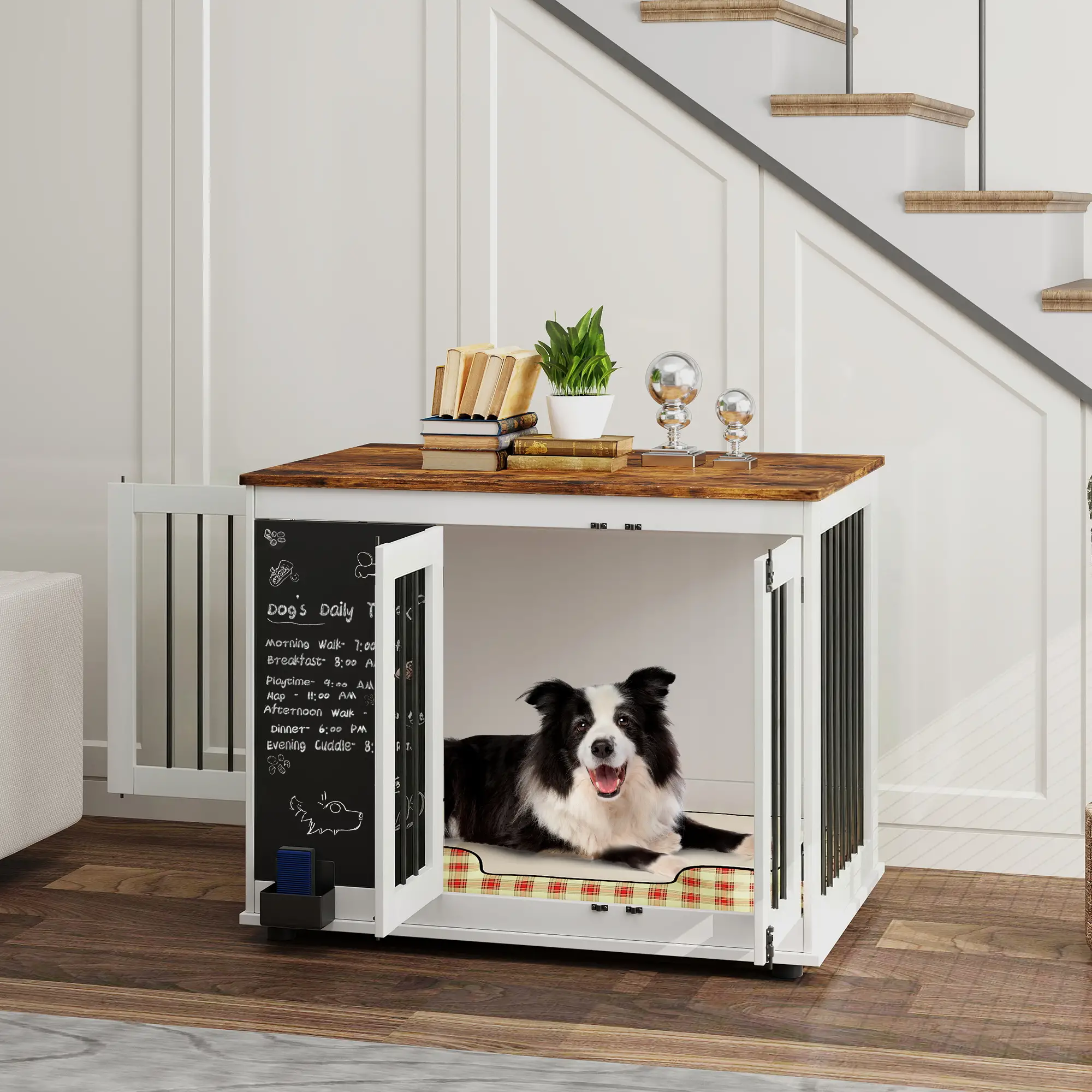39" Dog Crate Furniture, Side End Table, Large Dogs, Blackboard, 3 Doors, White - Image 2
