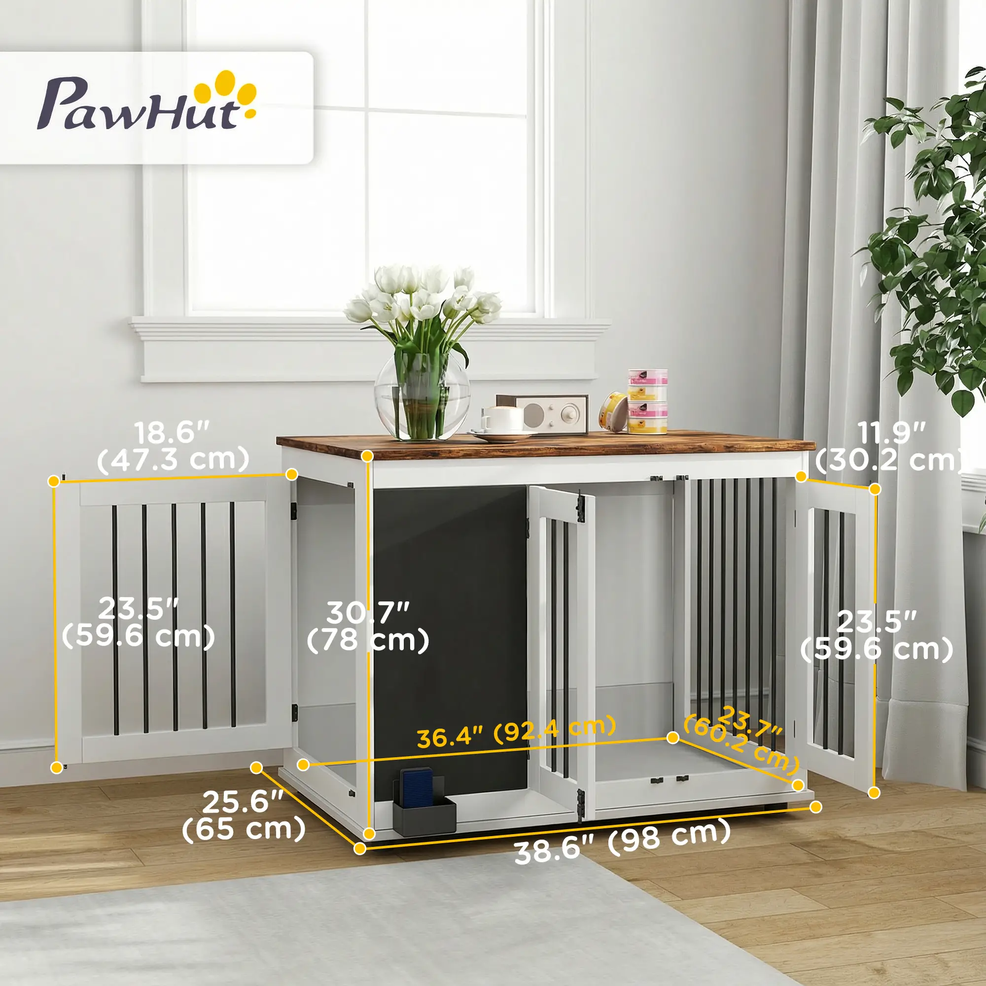 39" Dog Crate Furniture, Side End Table, Large Dogs, Blackboard, 3 Doors, White - Image 3