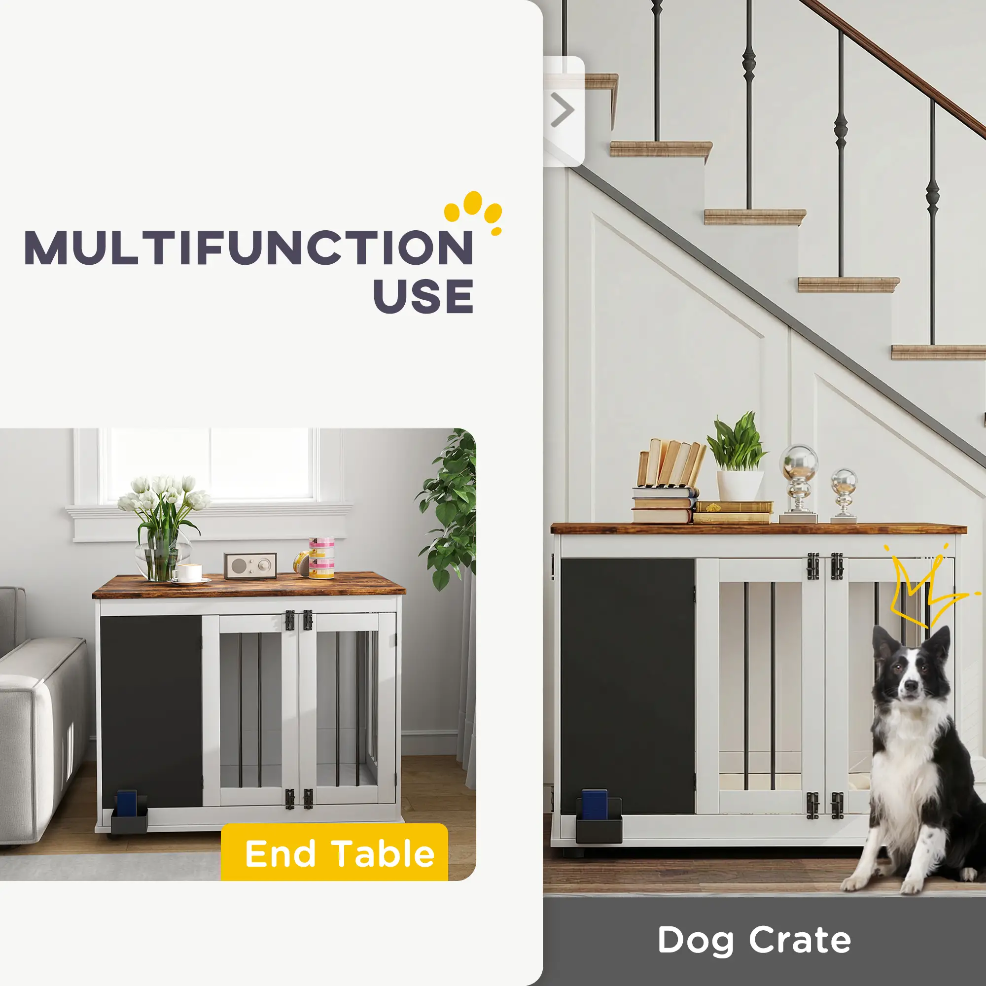 39" Dog Crate Furniture, Side End Table, Large Dogs, Blackboard, 3 Doors, White - Image 4