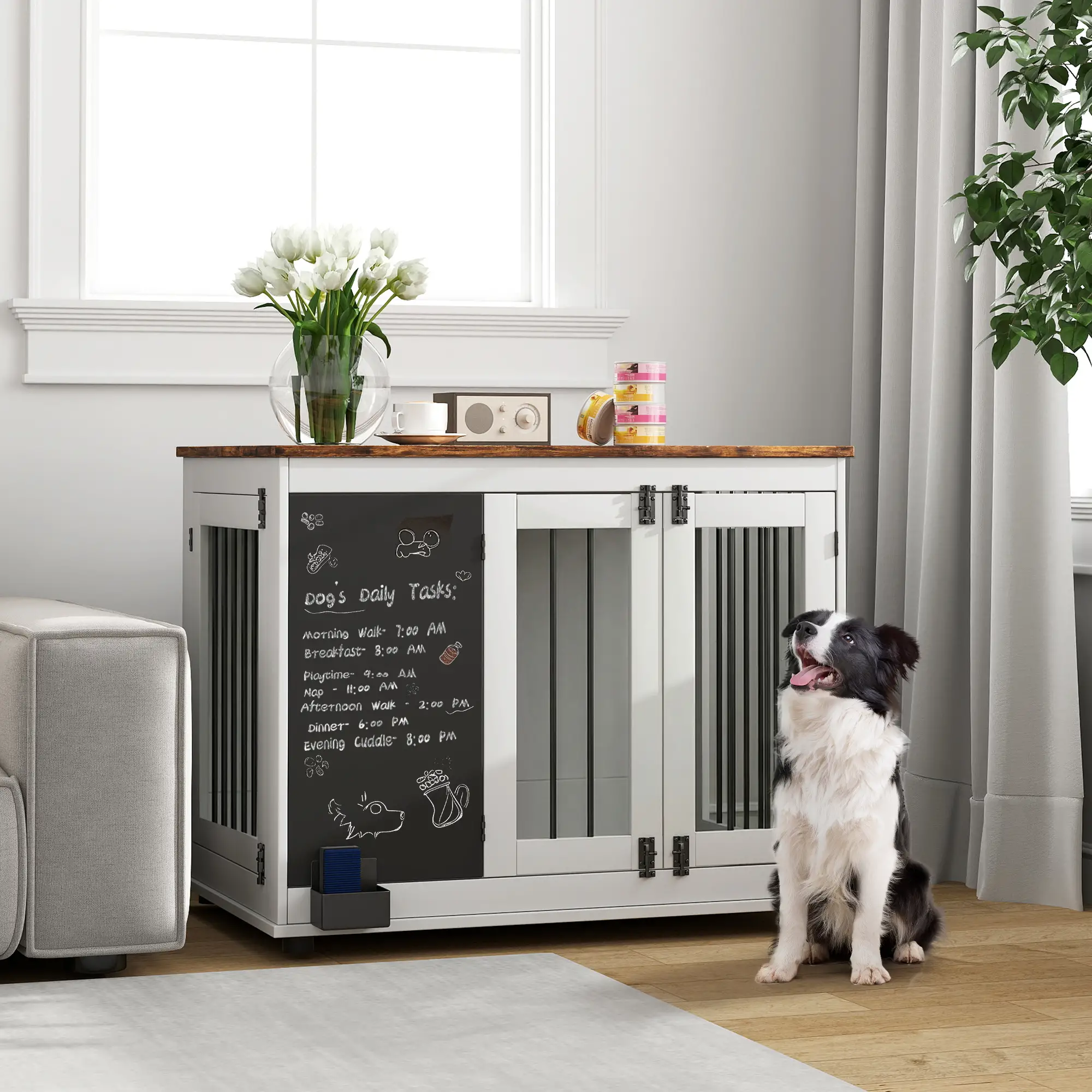 39" Dog Crate Furniture, Side End Table, Large Dogs, Blackboard, 3 Doors, White - Image 8