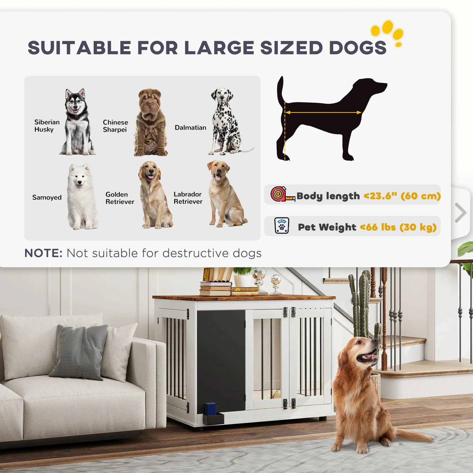 39" Dog Crate Furniture, Side End Table, Large Dogs, Blackboard, 3 Doors, White - Image 9