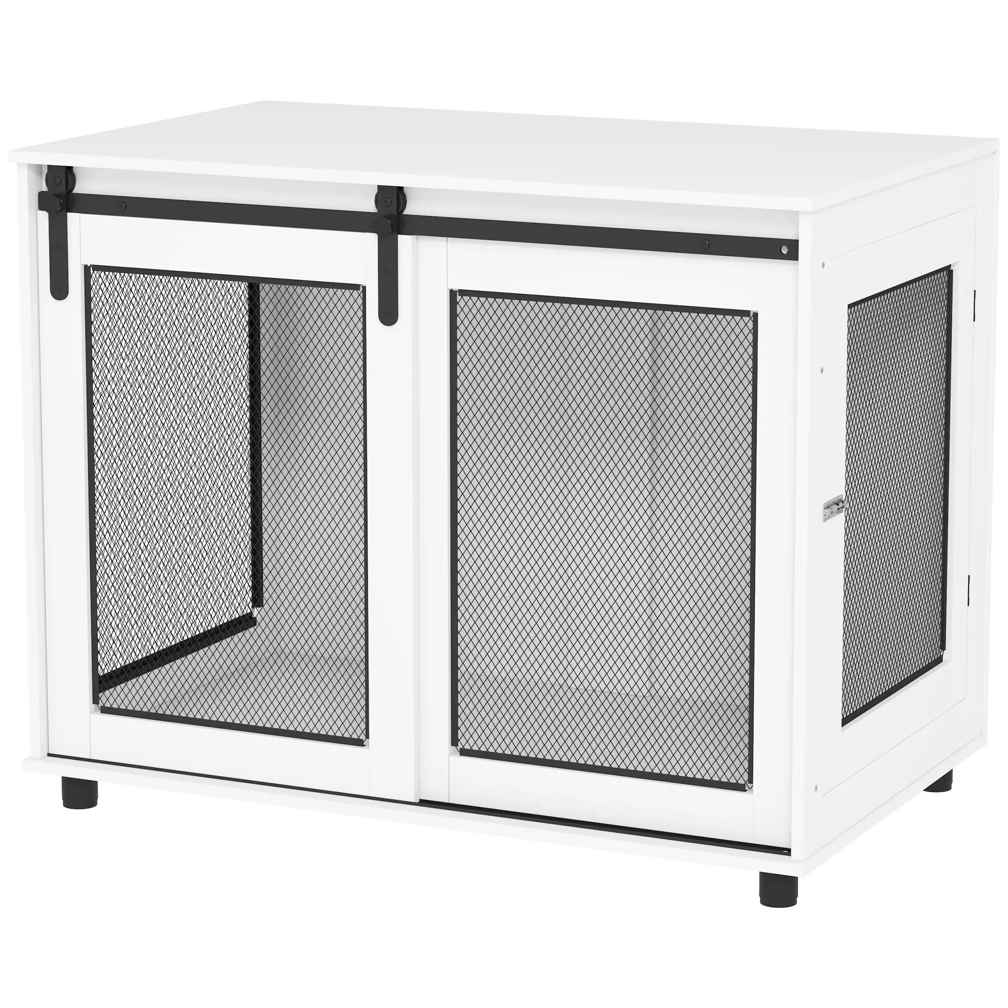 39" Dog Crate Furniture, Sliding Barn Door, Large Dog Cage End Table, White