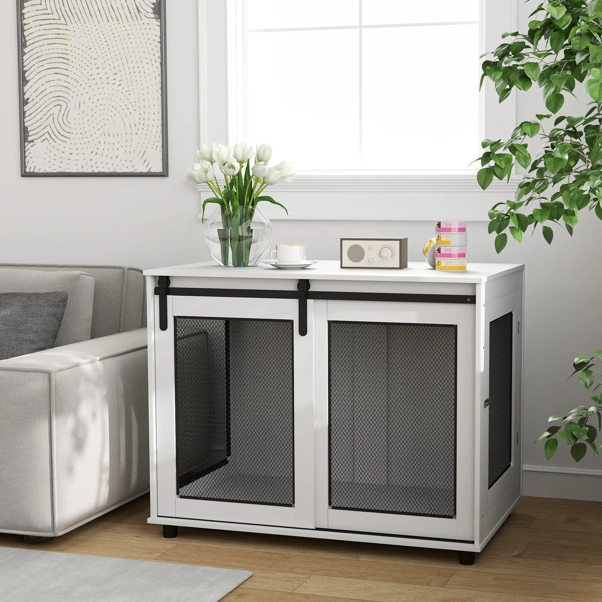 39" Dog Crate Furniture, Sliding Barn Door, Large Dog Cage End Table, White - Image 10