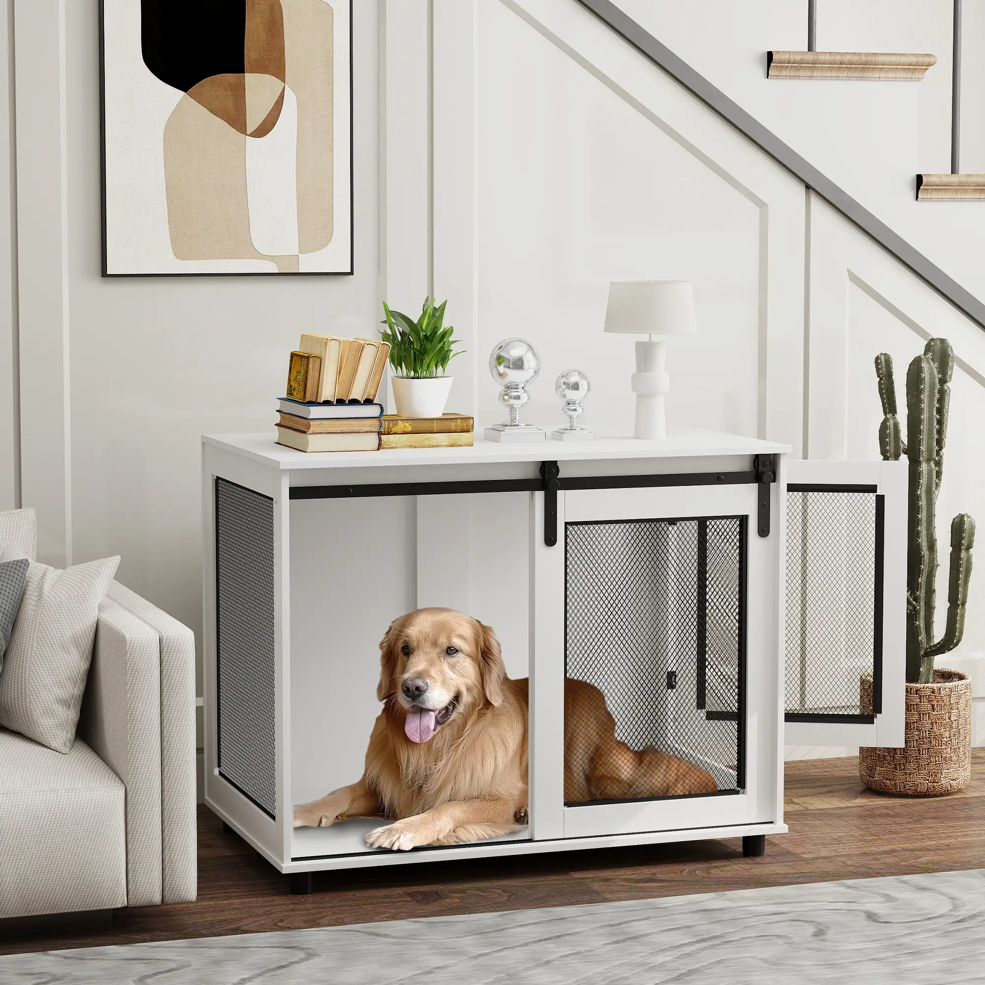 39" Dog Crate Furniture, Sliding Barn Door, Large Dog Cage End Table, White - Image 2