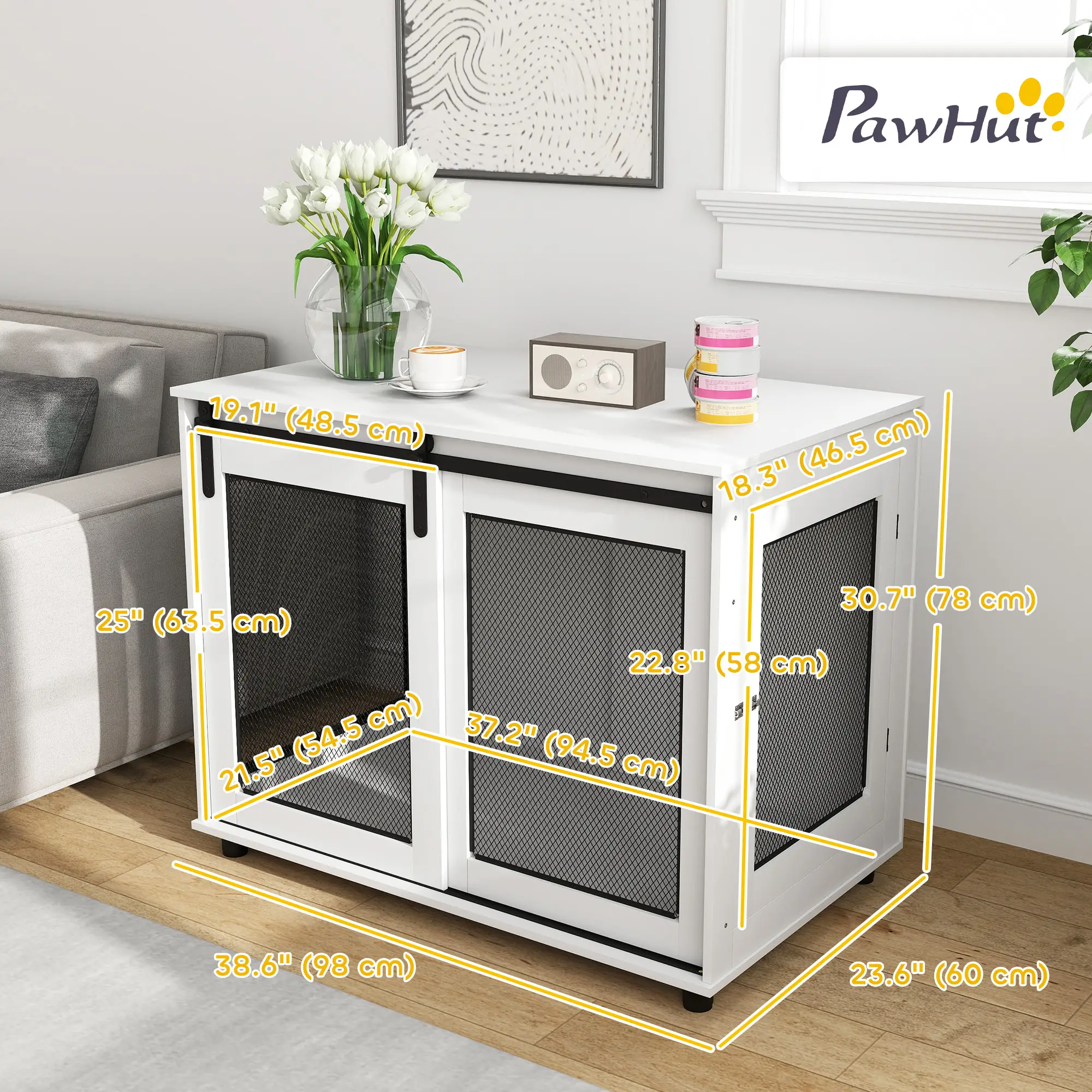 39" Dog Crate Furniture, Sliding Barn Door, Large Dog Cage End Table, White - Image 3