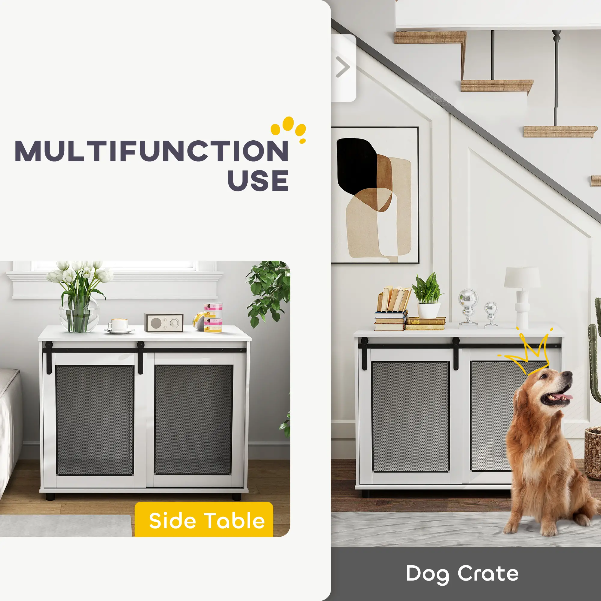 39" Dog Crate Furniture, Sliding Barn Door, Large Dog Cage End Table, White - Image 4