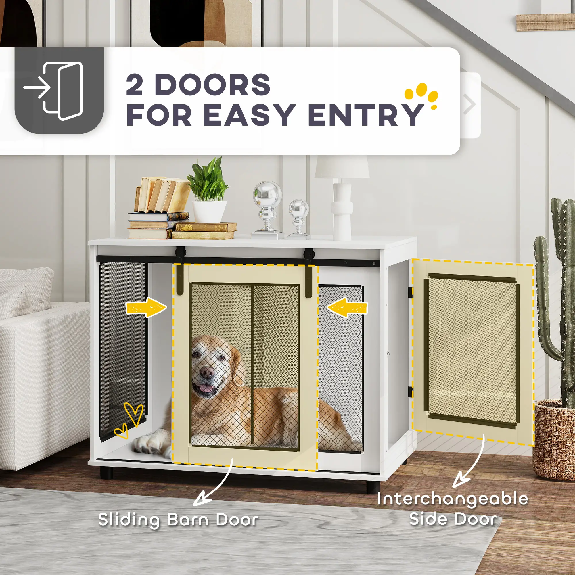 39" Dog Crate Furniture, Sliding Barn Door, Large Dog Cage End Table, White - Image 6