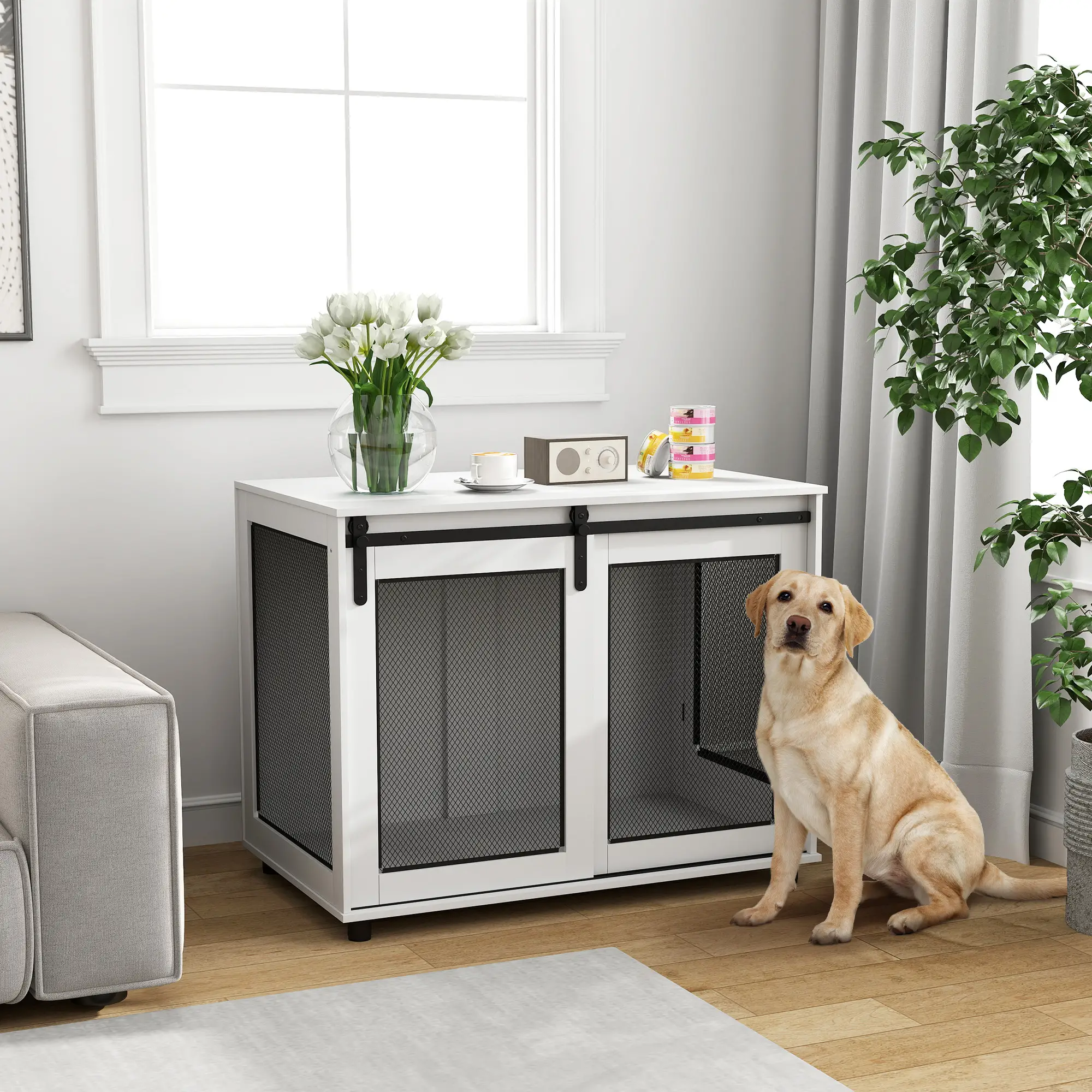 39" Dog Crate Furniture, Sliding Barn Door, Large Dog Cage End Table, White - Image 8