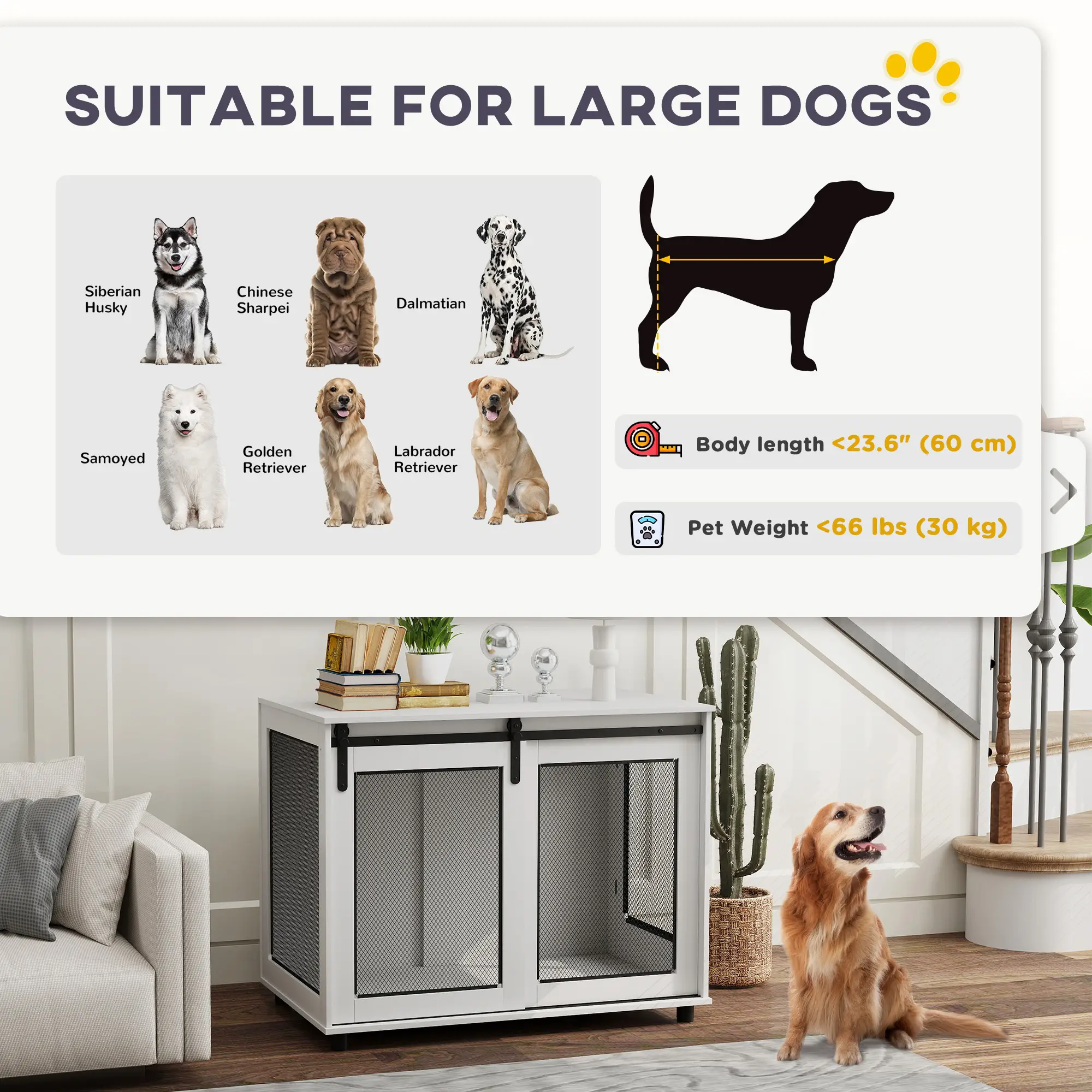 39" Dog Crate Furniture, Sliding Barn Door, Large Dog Cage End Table, White - Image 9