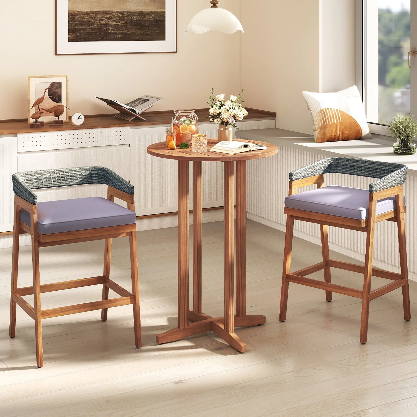 39 Inch Acacia Wood Bar Table, Slatted Table Top, Natural - Image 3