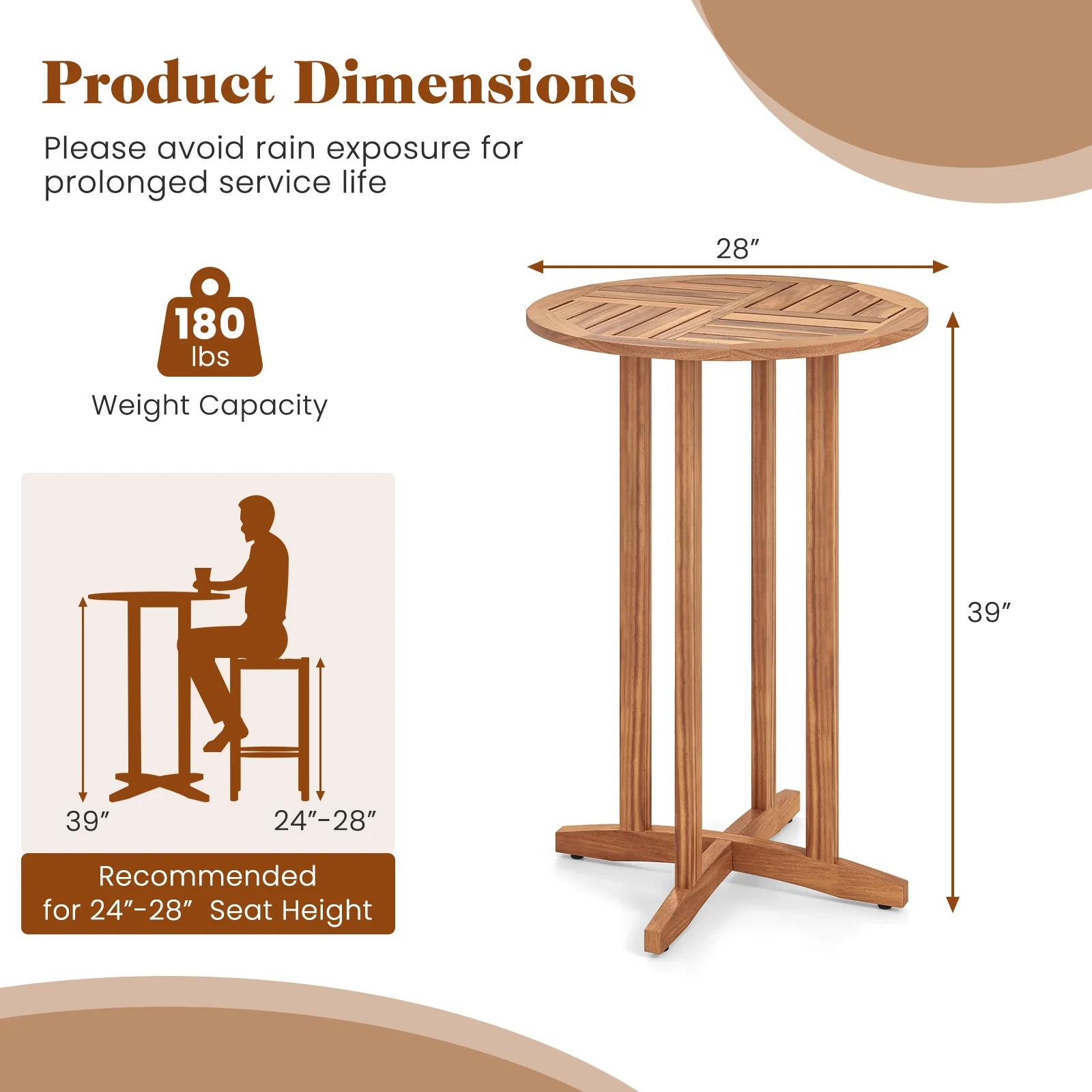 39 Inch Acacia Wood Bar Table, Slatted Table Top, Natural - Image 5