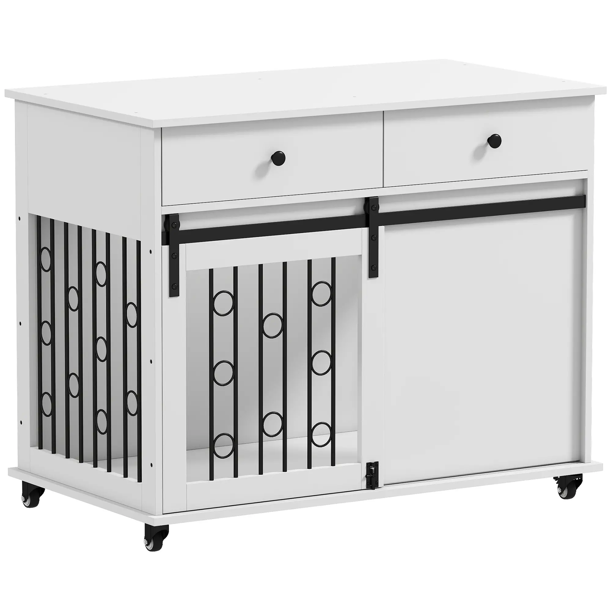39 Inch Dog Crate Furniture, Indoor Kennel with Drawers, Wheels, Oak