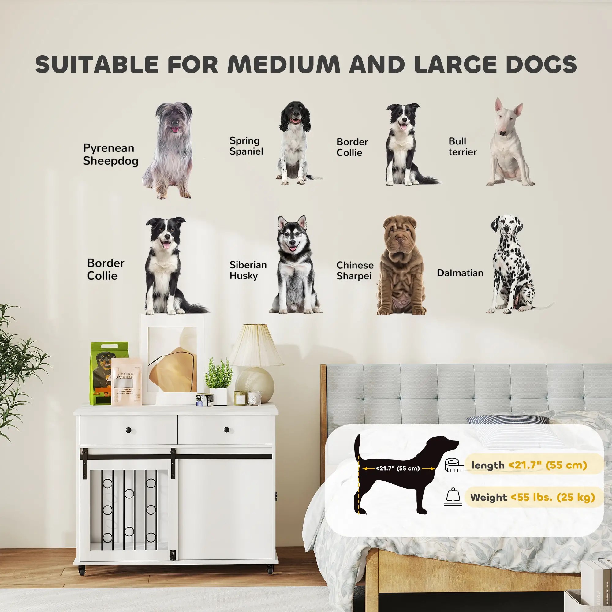 39 Inch Dog Crate Furniture, Indoor Kennel with Drawers, Wheels, Oak - Image 10