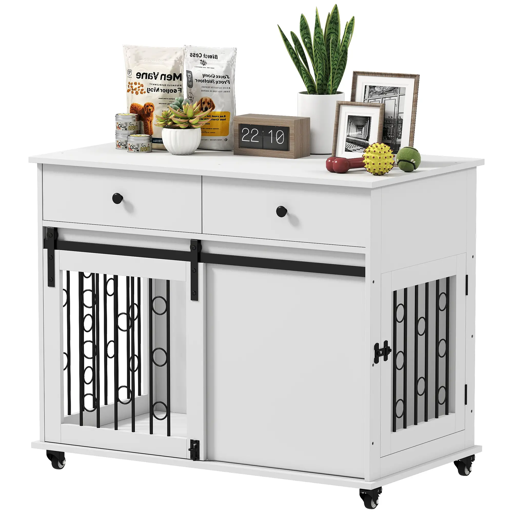 39 Inch Dog Crate Furniture, Indoor Kennel with Drawers, Wheels, Oak - Image 11