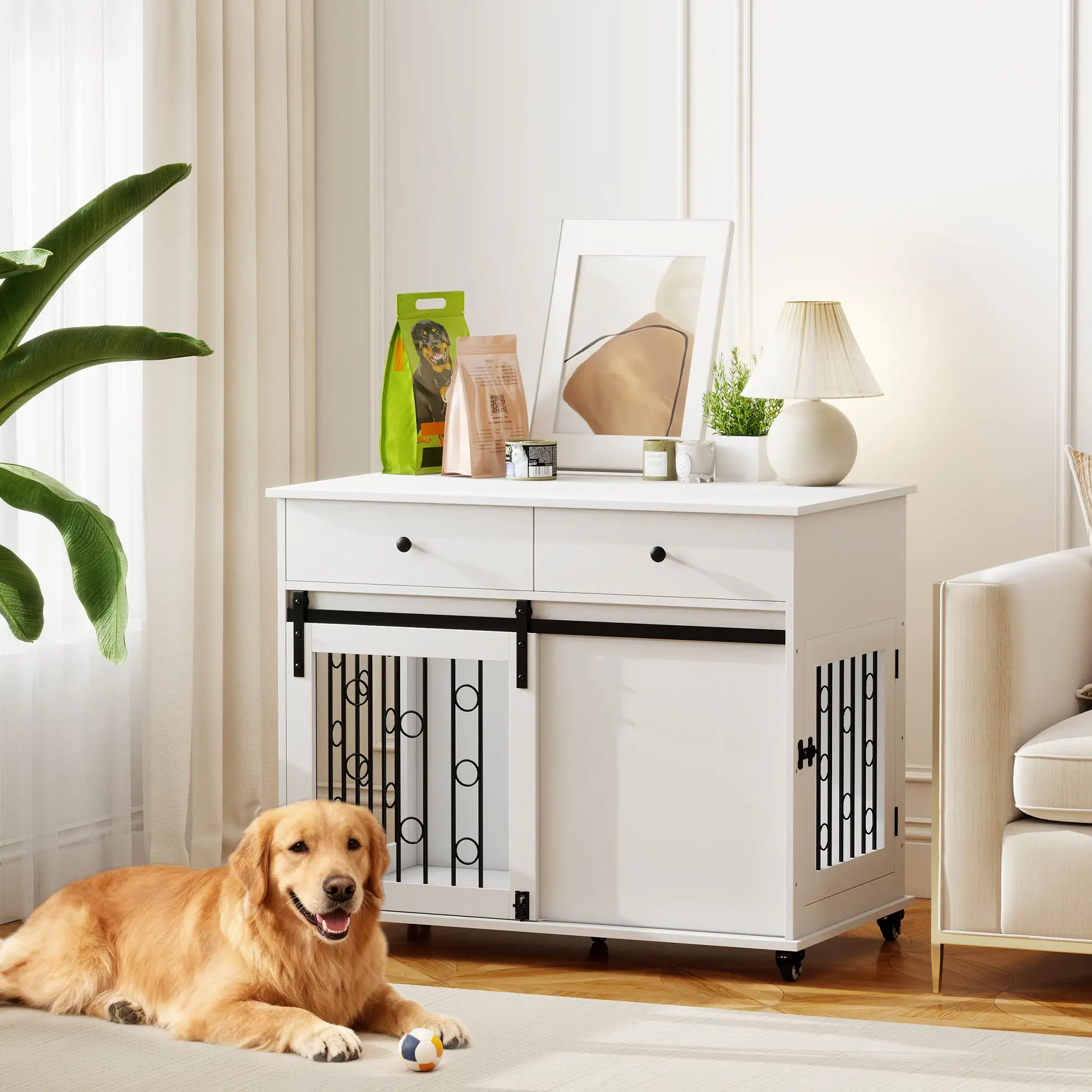 39 Inch Dog Crate Furniture, Indoor Kennel with Drawers, Wheels, Oak - Image 2