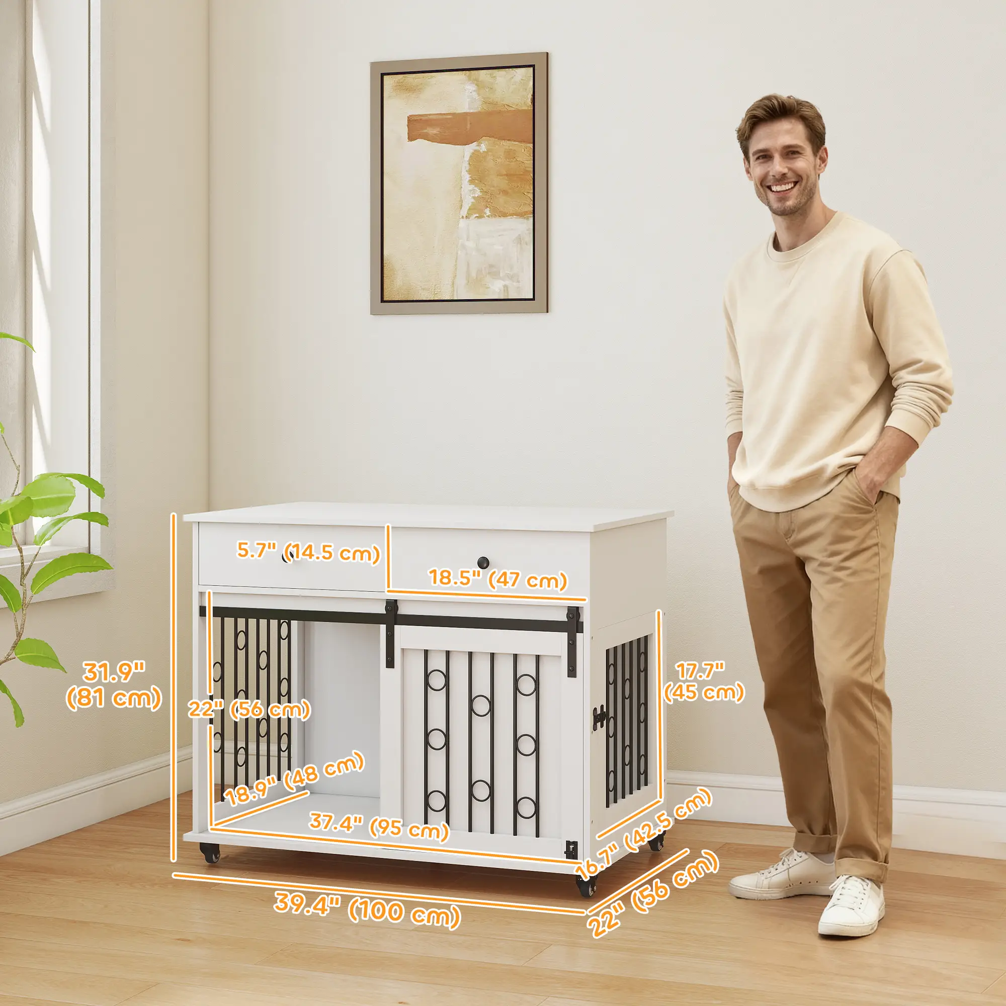 39 Inch Dog Crate Furniture, Indoor Kennel with Drawers, Wheels, Oak - Image 3