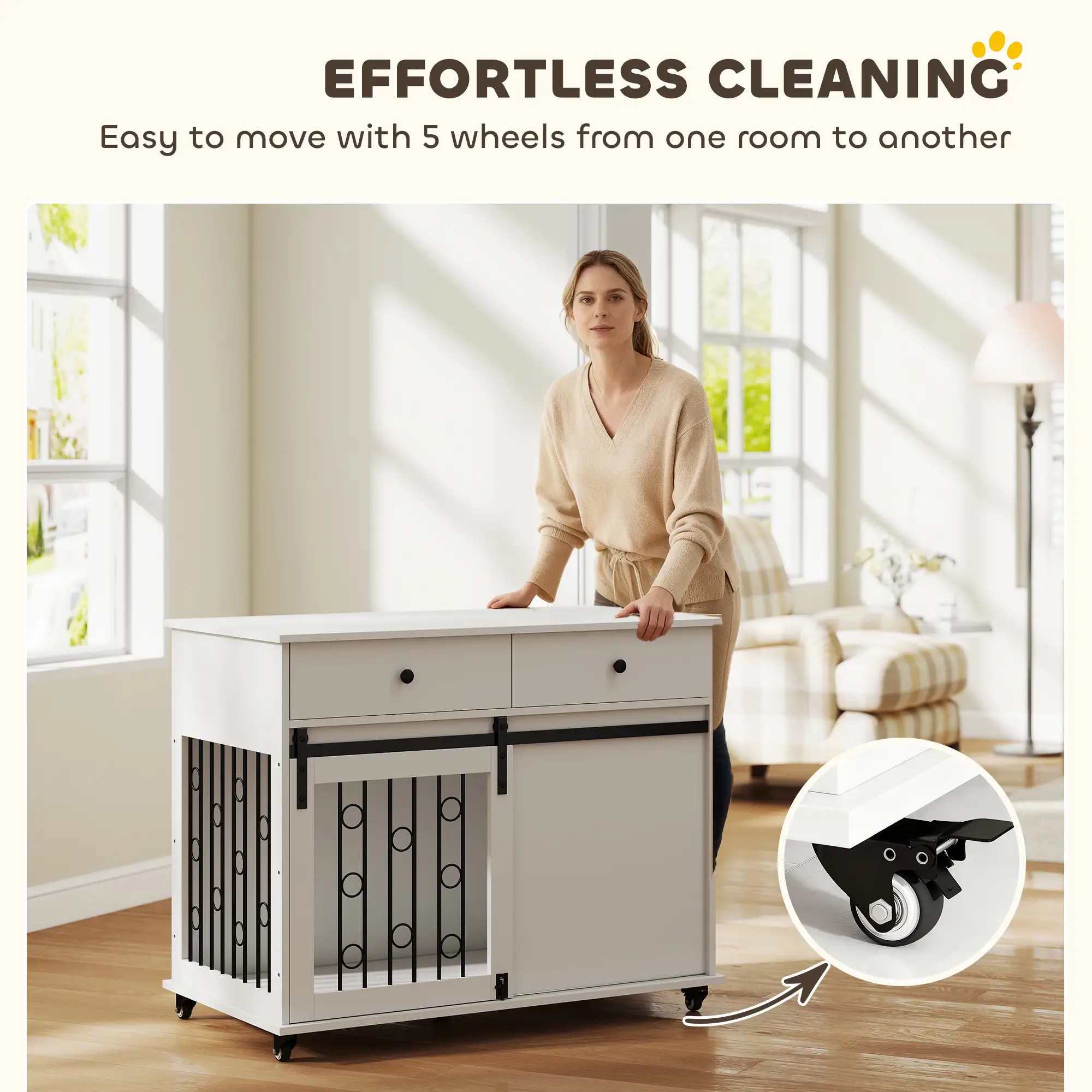 39 Inch Dog Crate Furniture, Indoor Kennel with Drawers, Wheels, Oak - Image 6