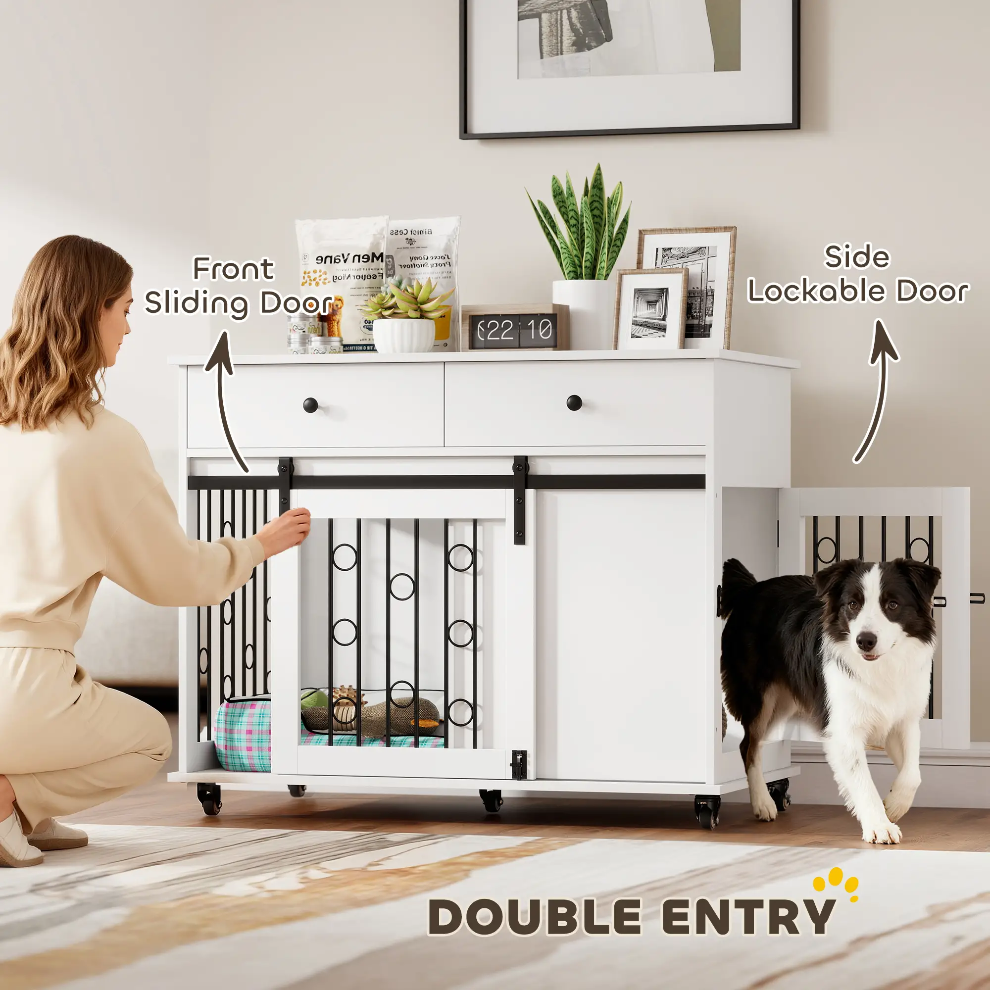 39 Inch Dog Crate Furniture, Indoor Kennel with Drawers, Wheels, Oak - Image 7