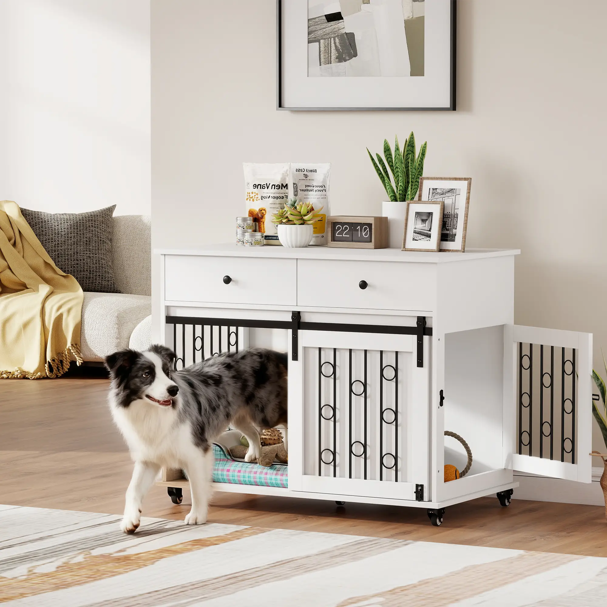 39 Inch Dog Crate Furniture, Indoor Kennel with Drawers, Wheels, Oak - Image 8