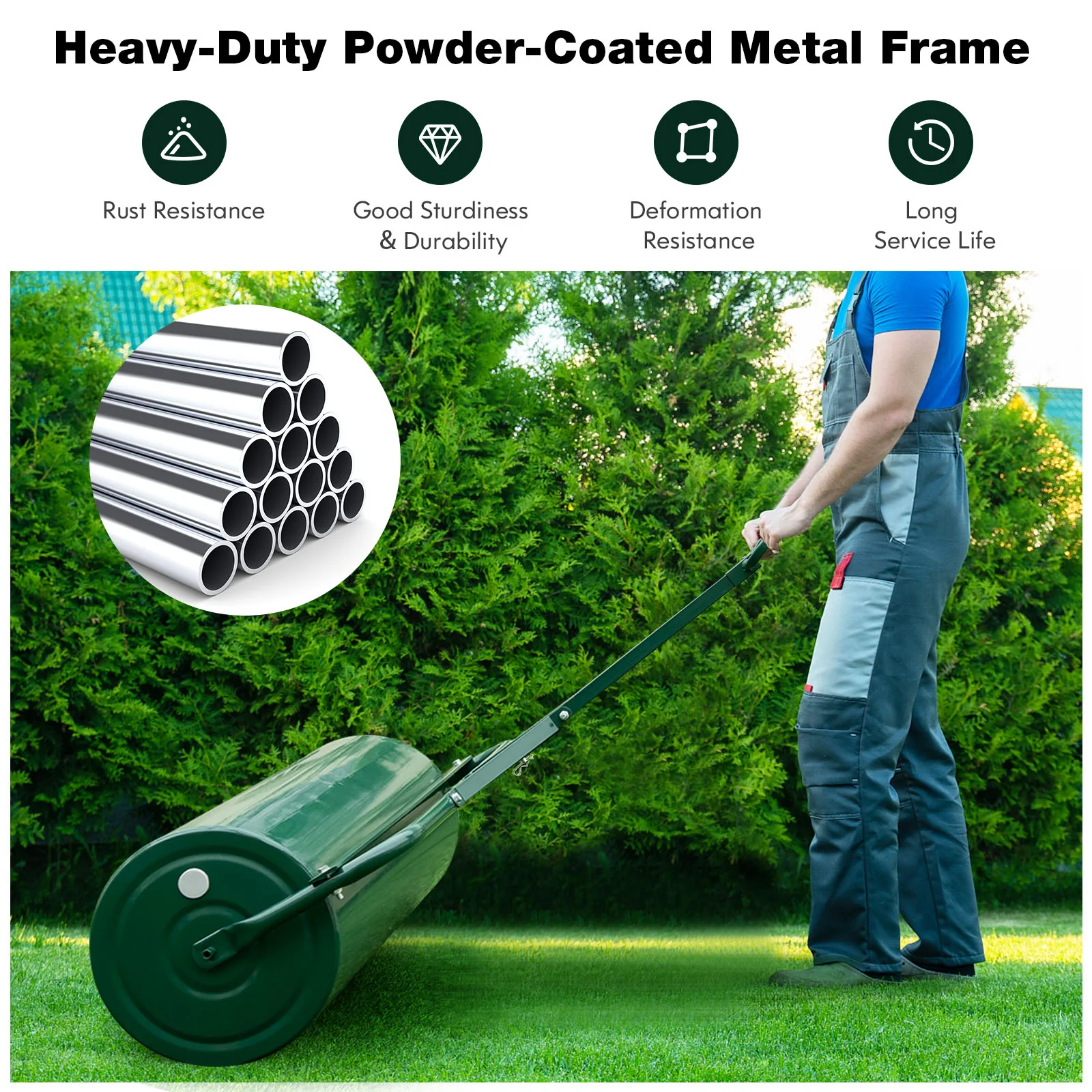 39 Inch Wide Push Tow Lawn Roller, Green - Image 10