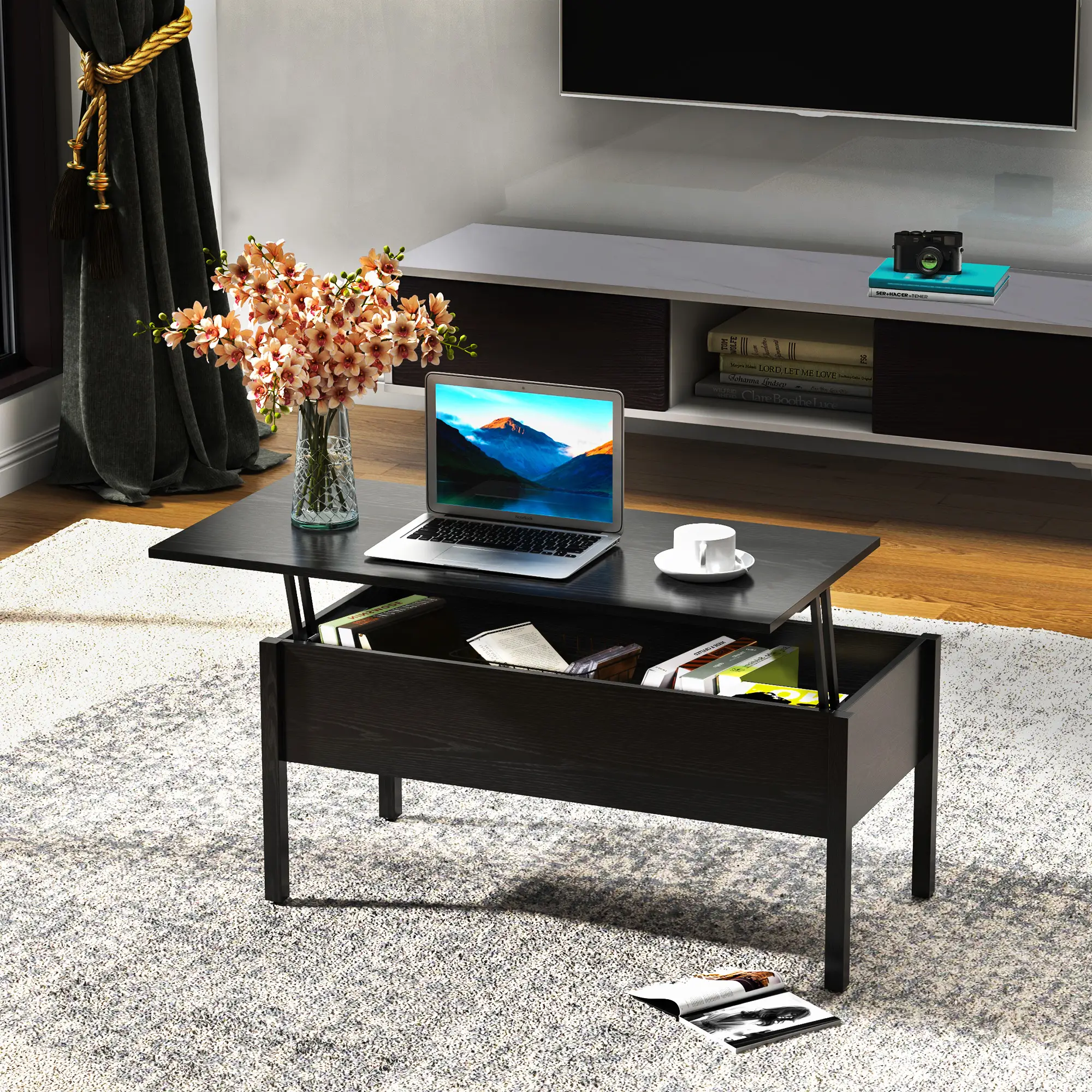 39" Lift Top Coffee Table, Hidden Storage, Living Room, Black - Image 2