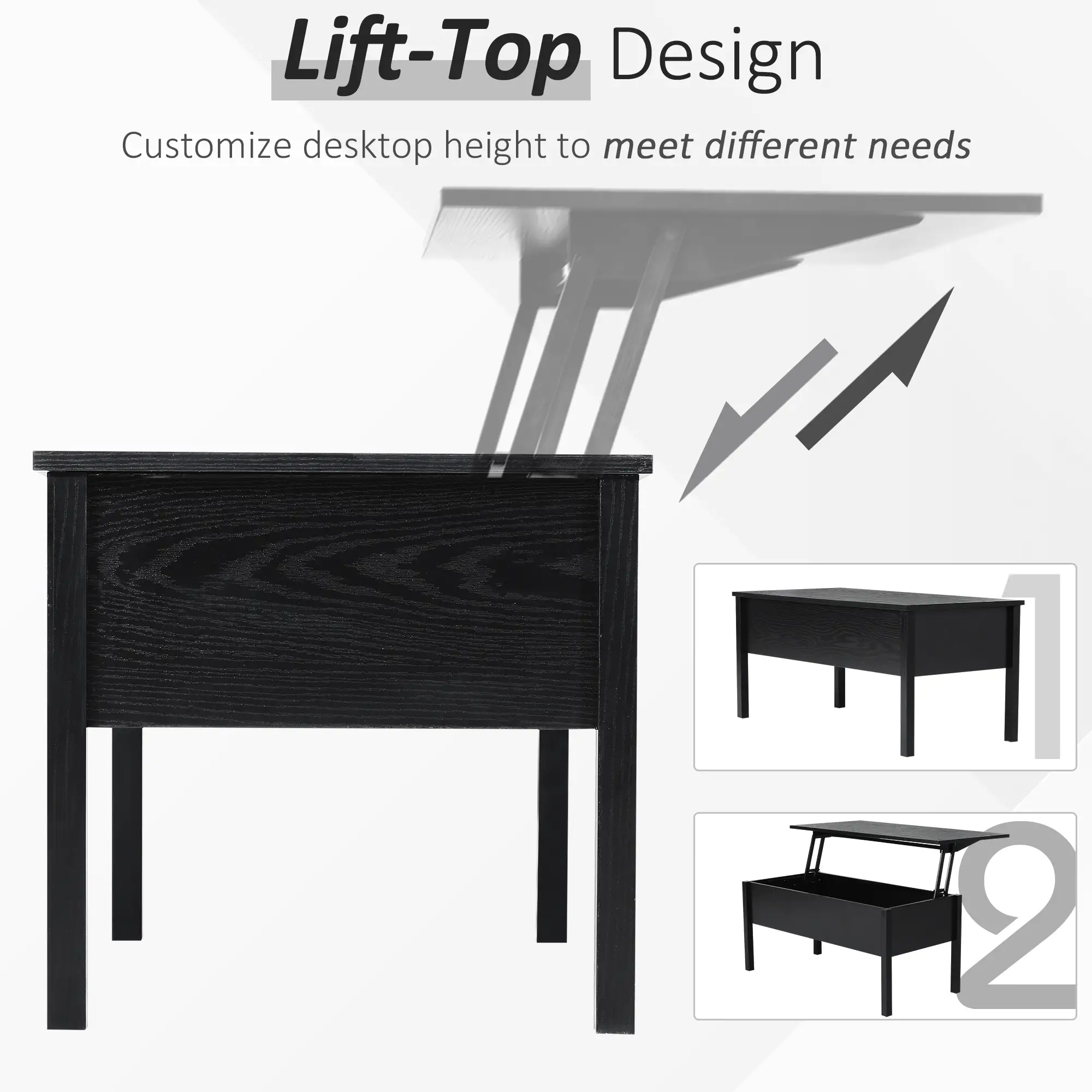 39" Lift Top Coffee Table, Hidden Storage, Living Room, Black - Image 4