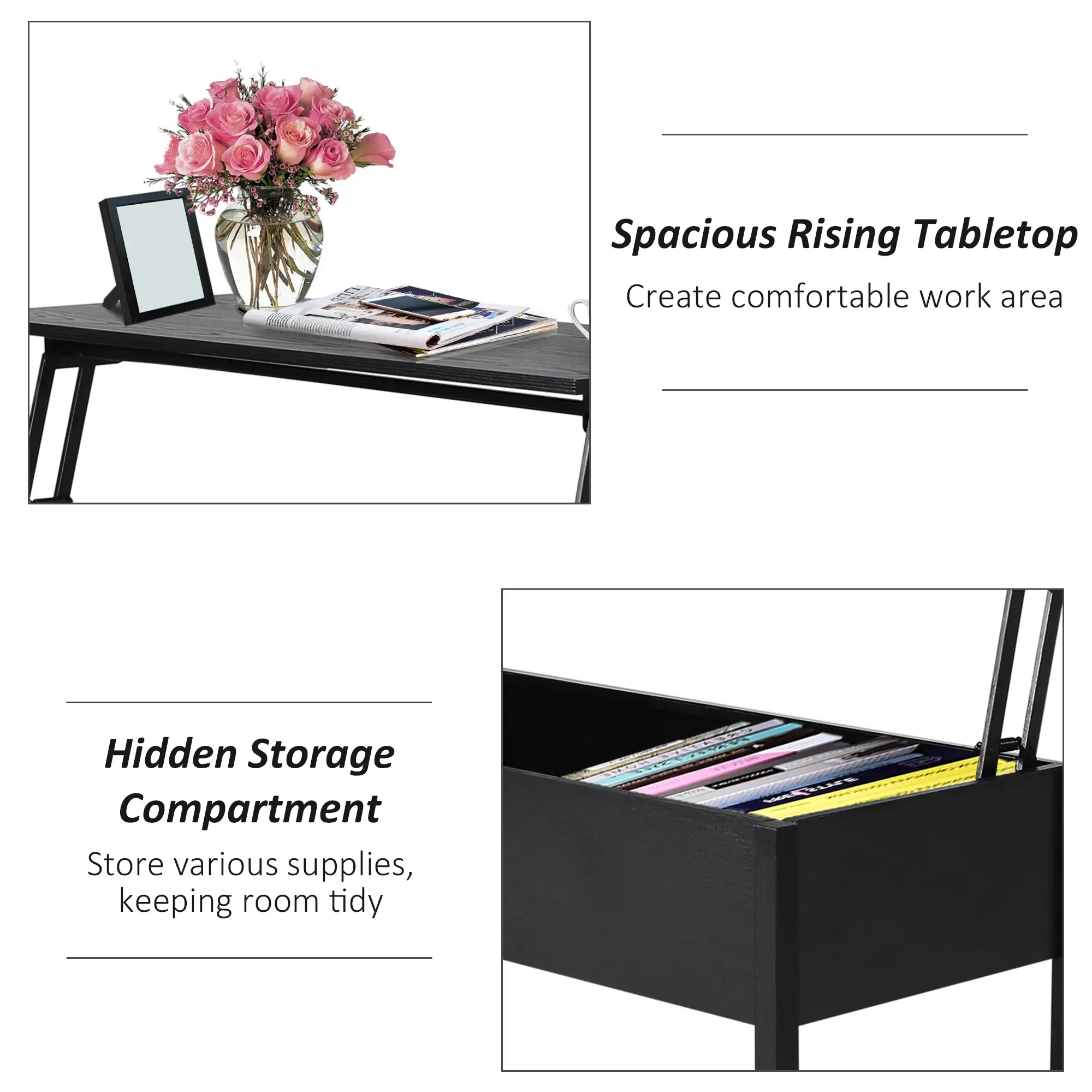 39" Lift Top Coffee Table, Hidden Storage, Living Room, Black - Image 5