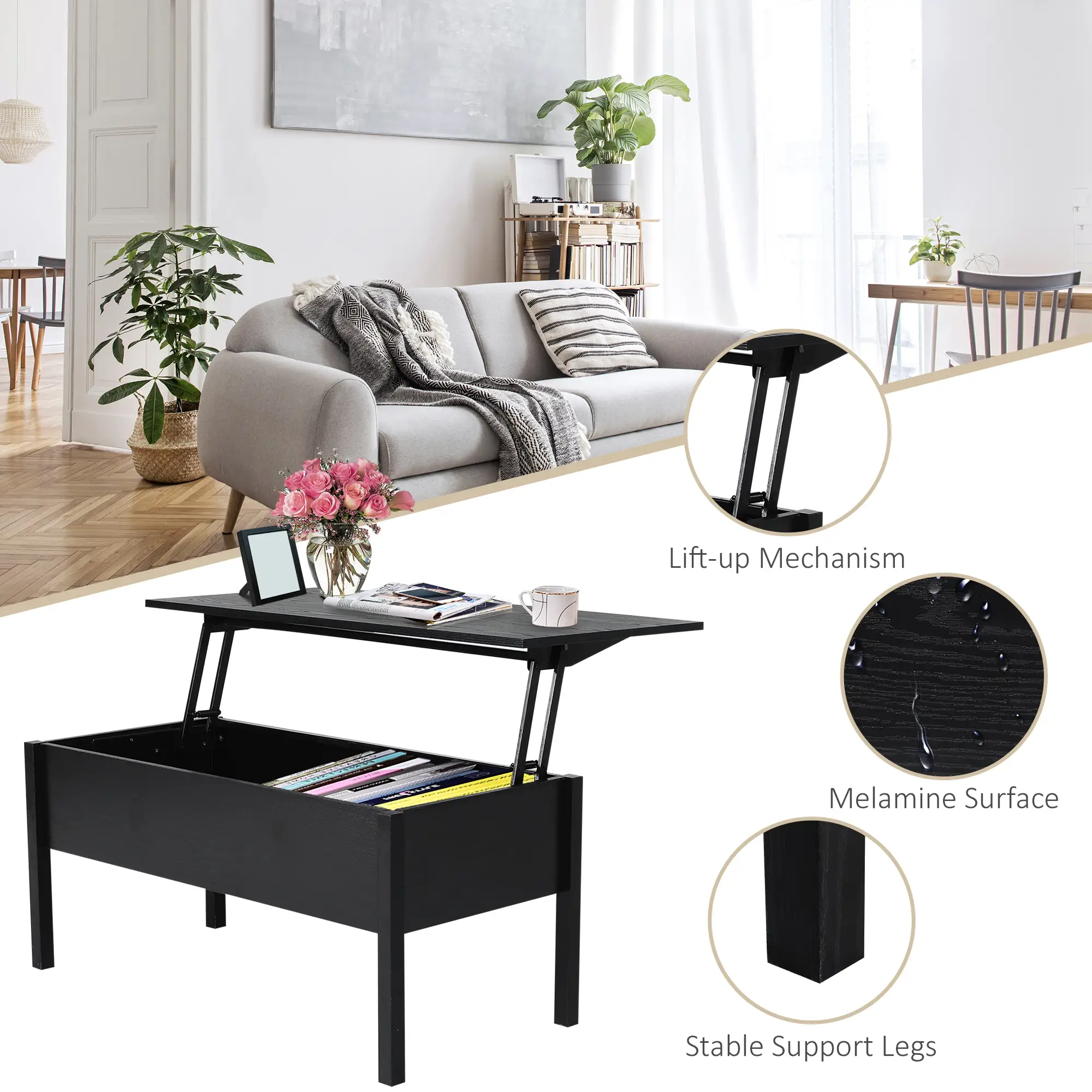 39" Lift Top Coffee Table, Hidden Storage, Living Room, Black - Image 6