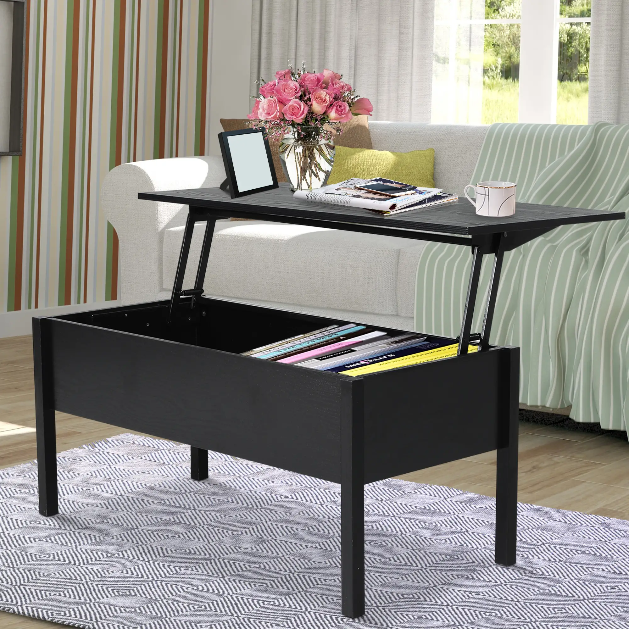 39" Lift Top Coffee Table, Hidden Storage, Living Room, Black - Image 7