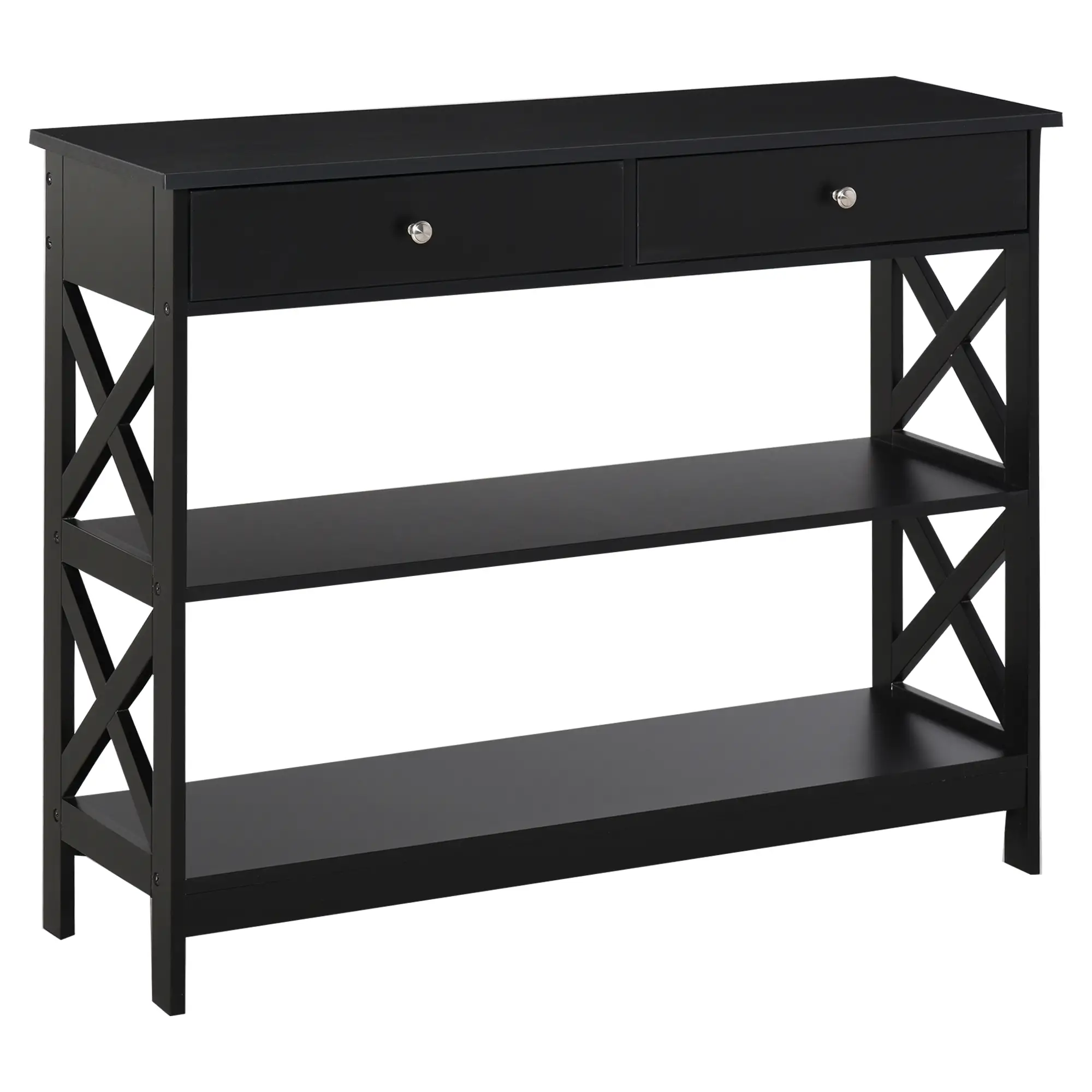 39" Narrow Console Table, Storage Shelves, Drawers, X Frame, Black