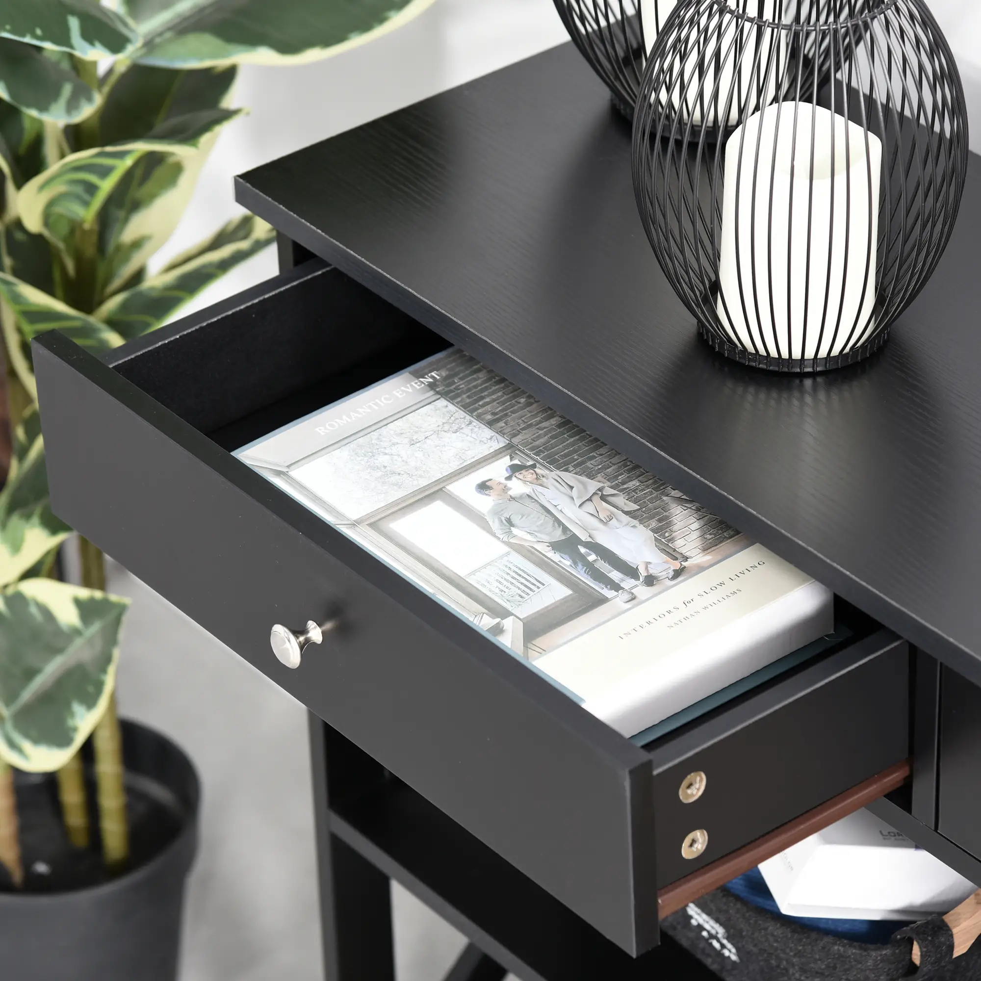 39" Narrow Console Table, Storage Shelves, Drawers, X Frame, Black - Image 10