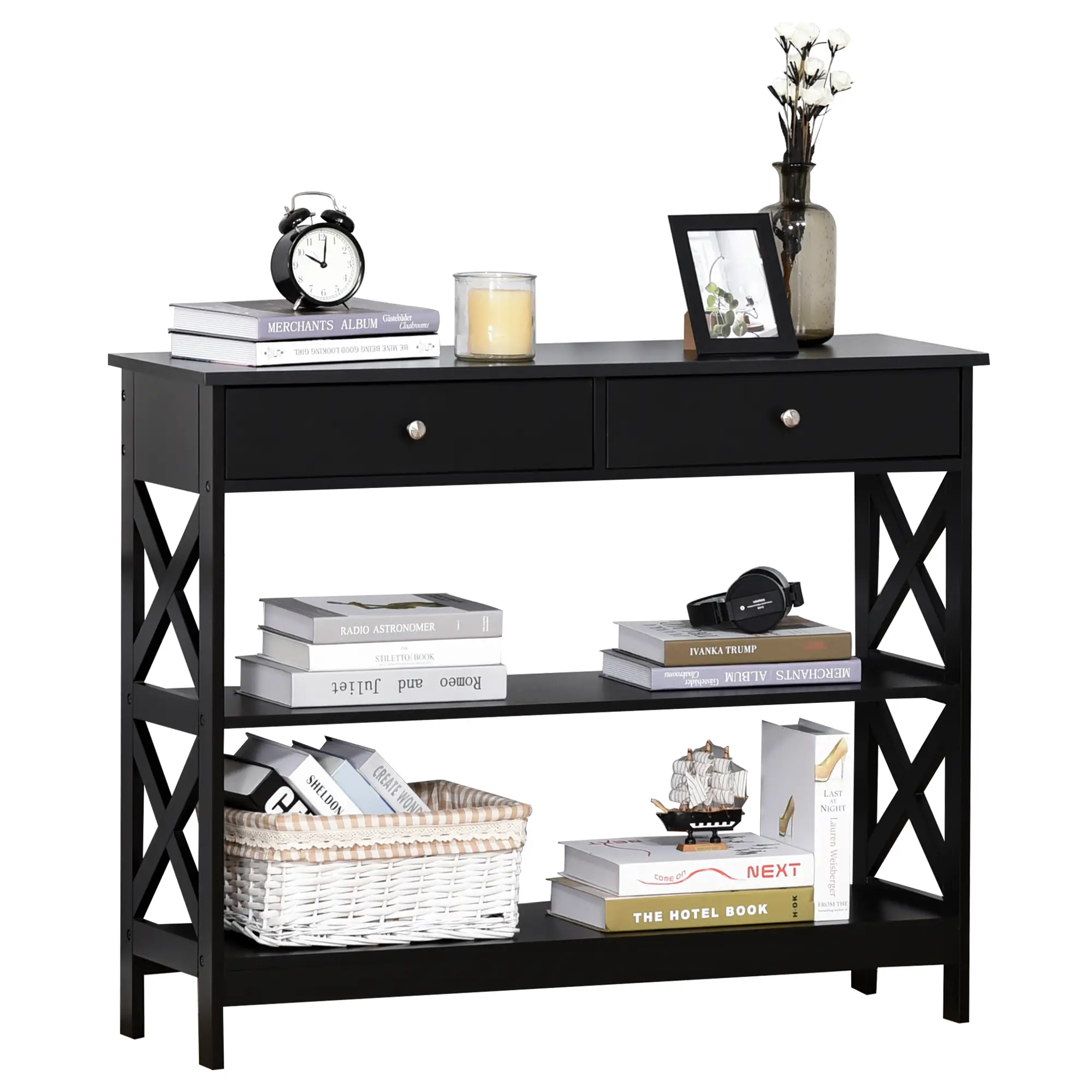 39" Narrow Console Table, Storage Shelves, Drawers, X Frame, Black - Image 11