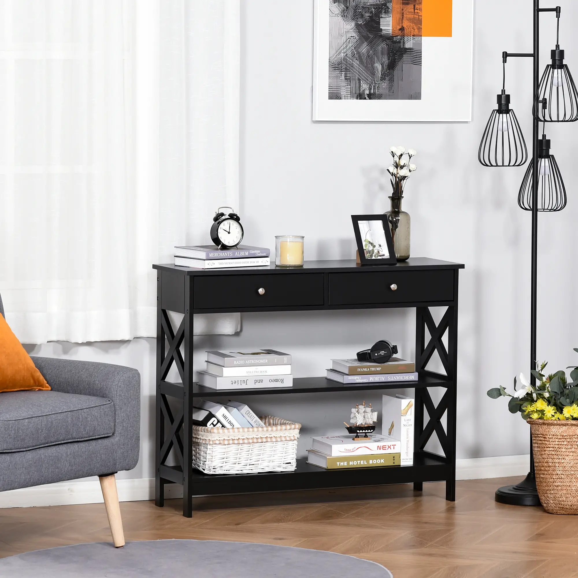 39" Narrow Console Table, Storage Shelves, Drawers, X Frame, Black - Image 2