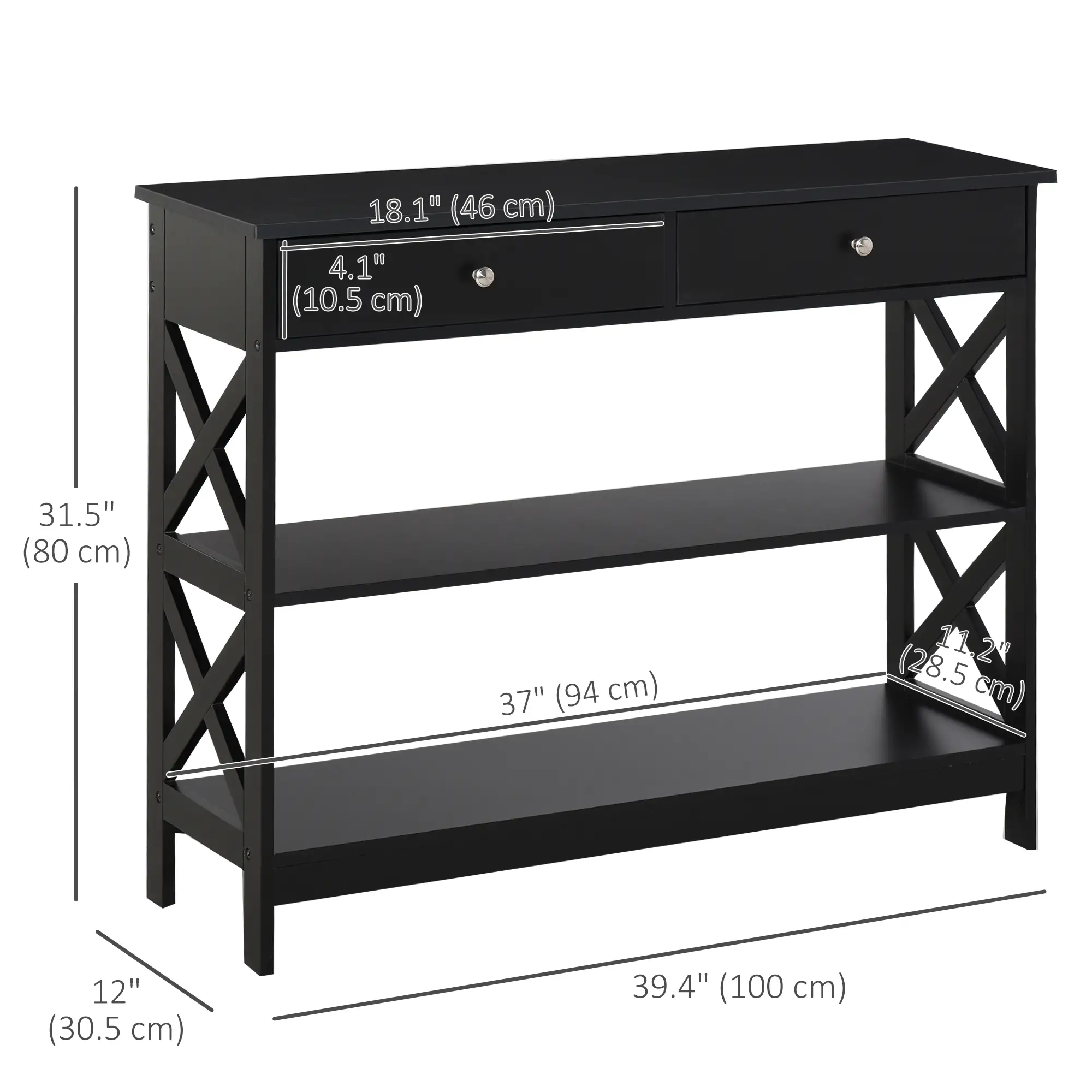 39" Narrow Console Table, Storage Shelves, Drawers, X Frame, Black - Image 3