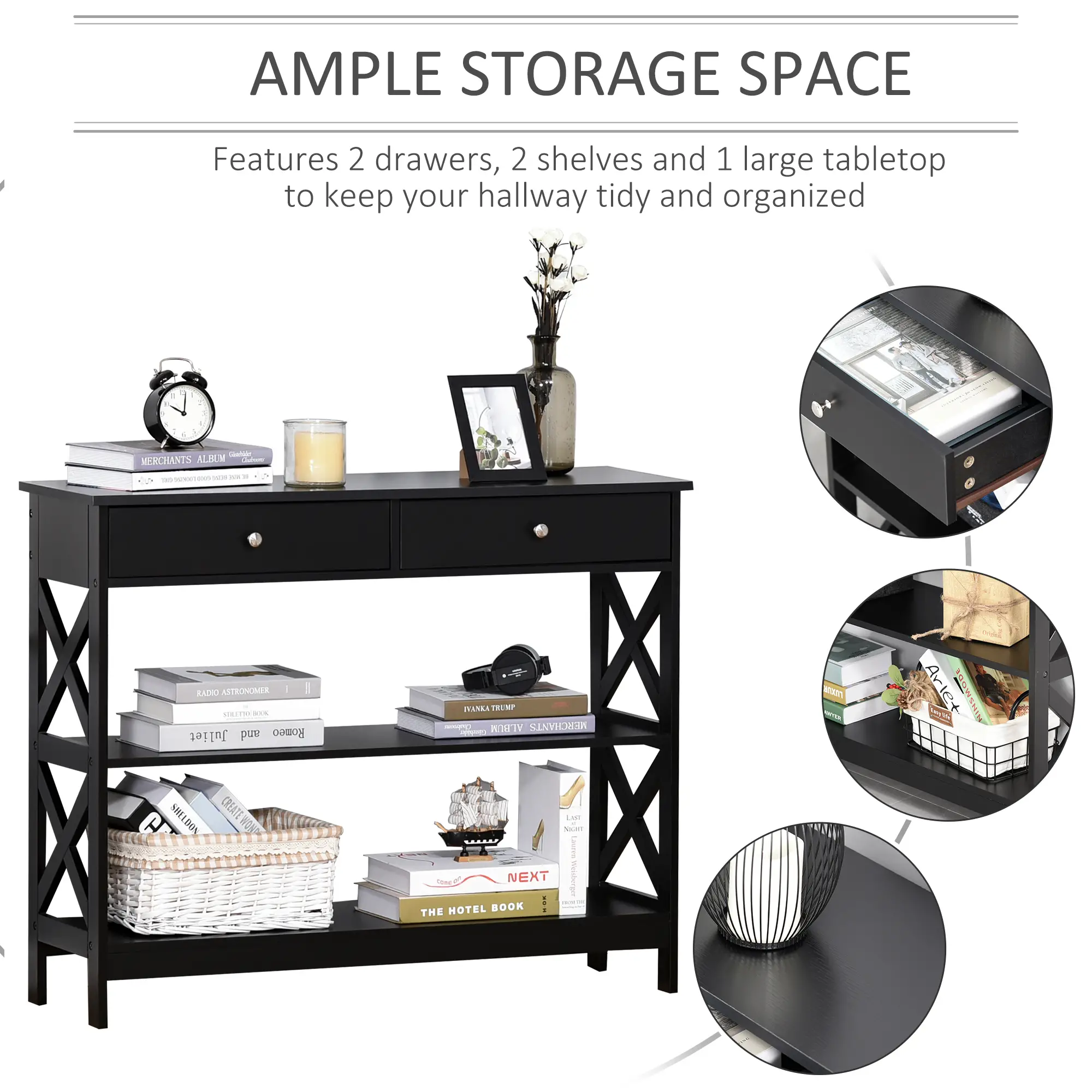 39" Narrow Console Table, Storage Shelves, Drawers, X Frame, Black - Image 4