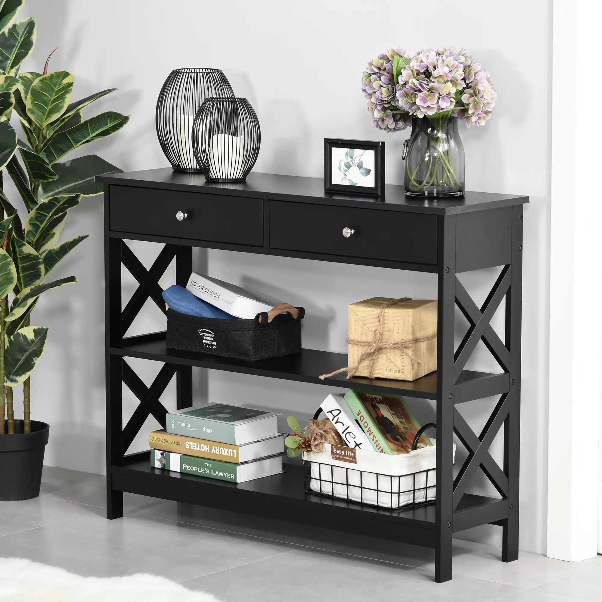39" Narrow Console Table, Storage Shelves, Drawers, X Frame, Black - Image 7