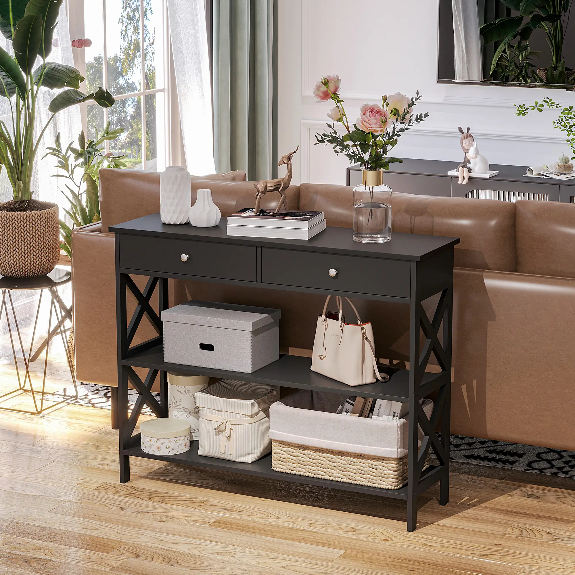 39" Narrow Console Table, Storage Shelves, Drawers, X Frame, Black - Image 8