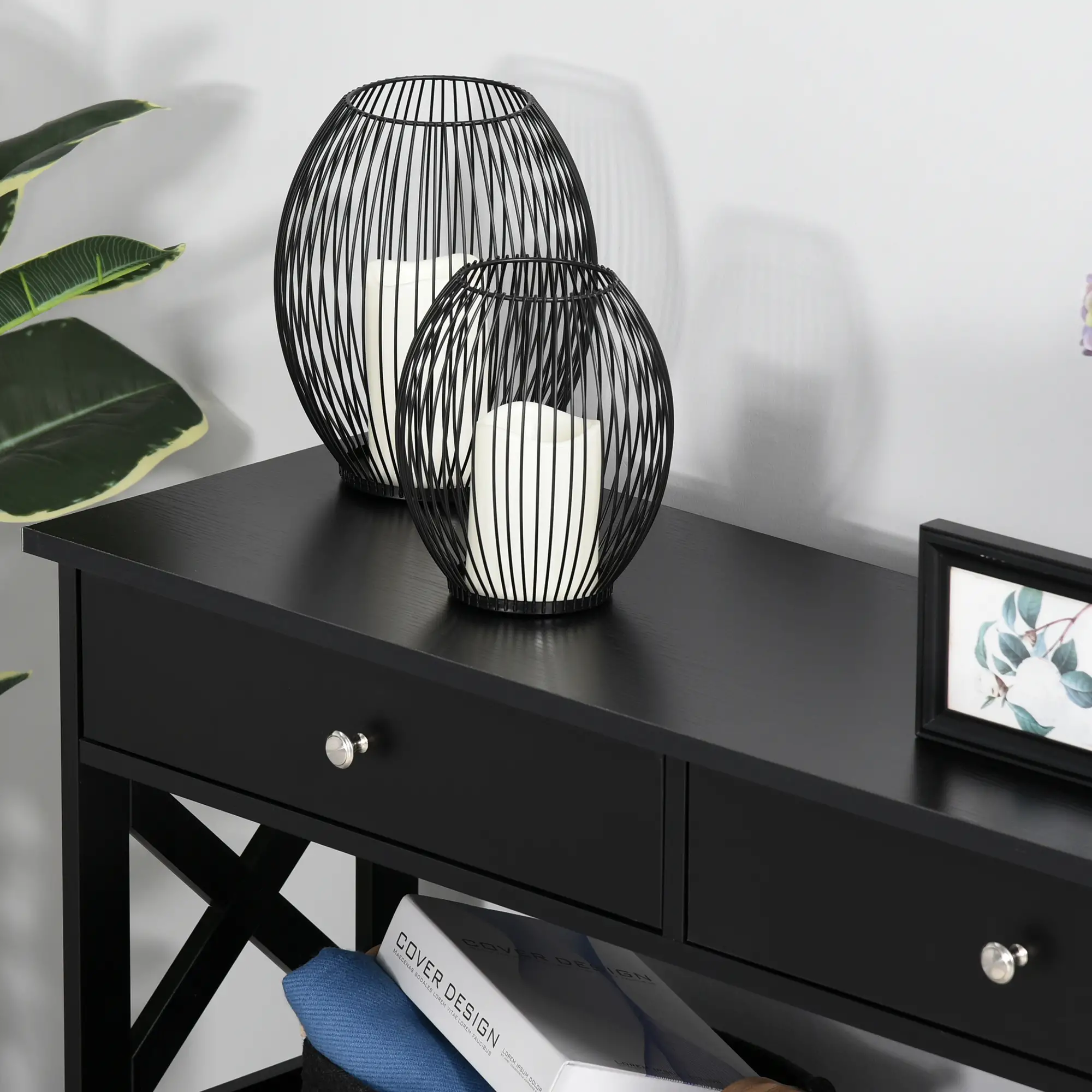 39" Narrow Console Table, Storage Shelves, Drawers, X Frame, Black - Image 9