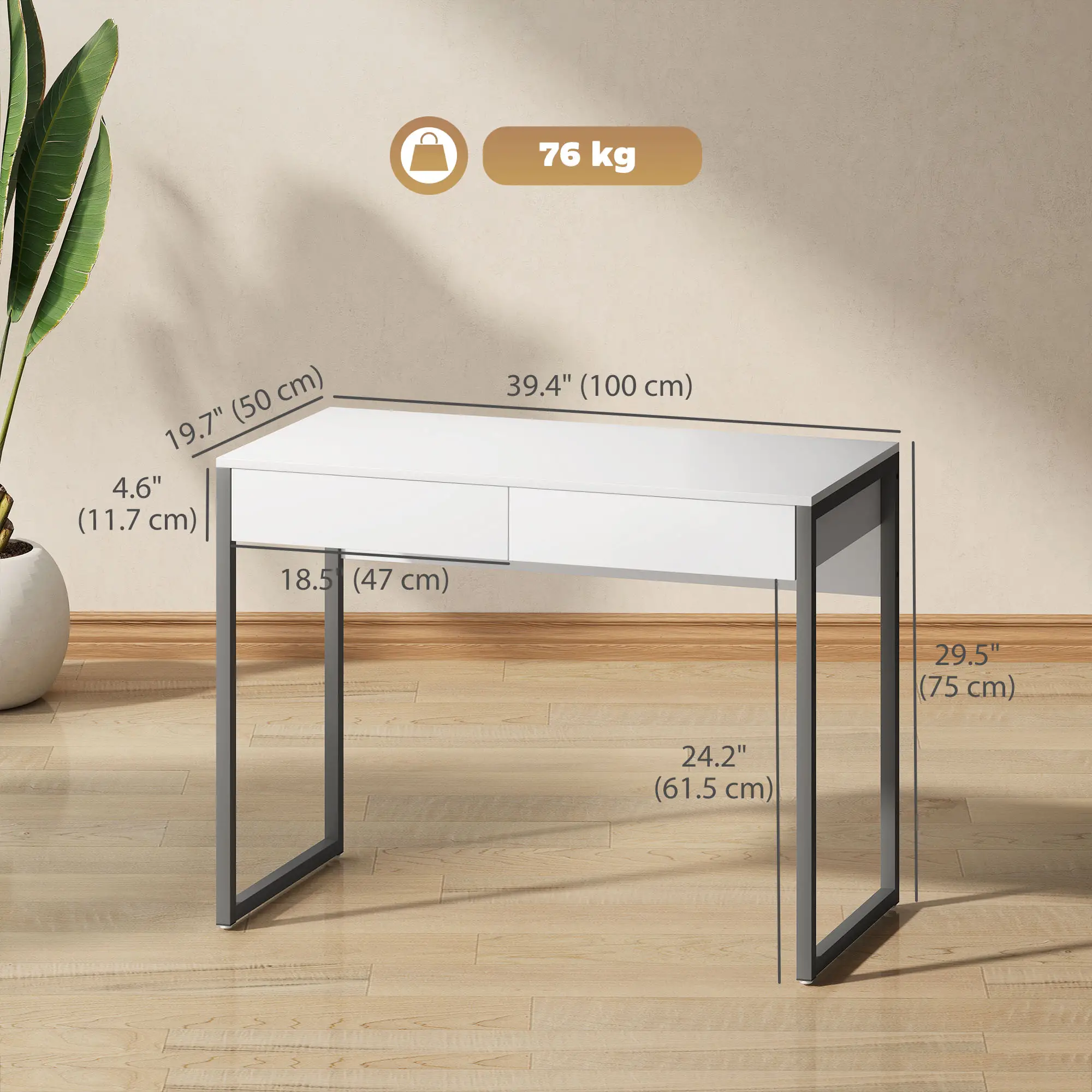 39" x 20" Computer Desk, 2 Drawers, High Gloss, White and Grey - Image 3