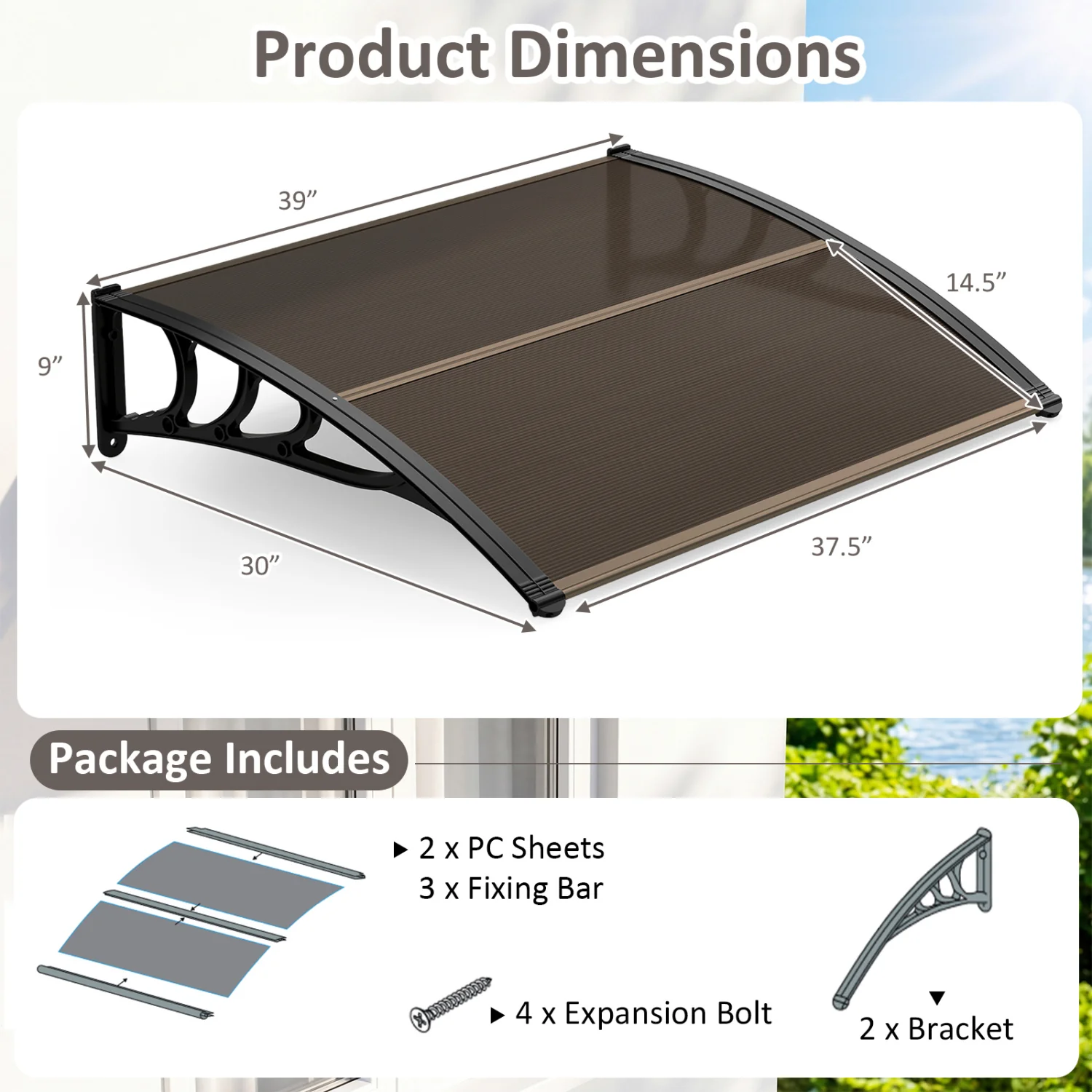 39 x 30 In Outdoor Door Window Awning Canopy, Brown - Image 4