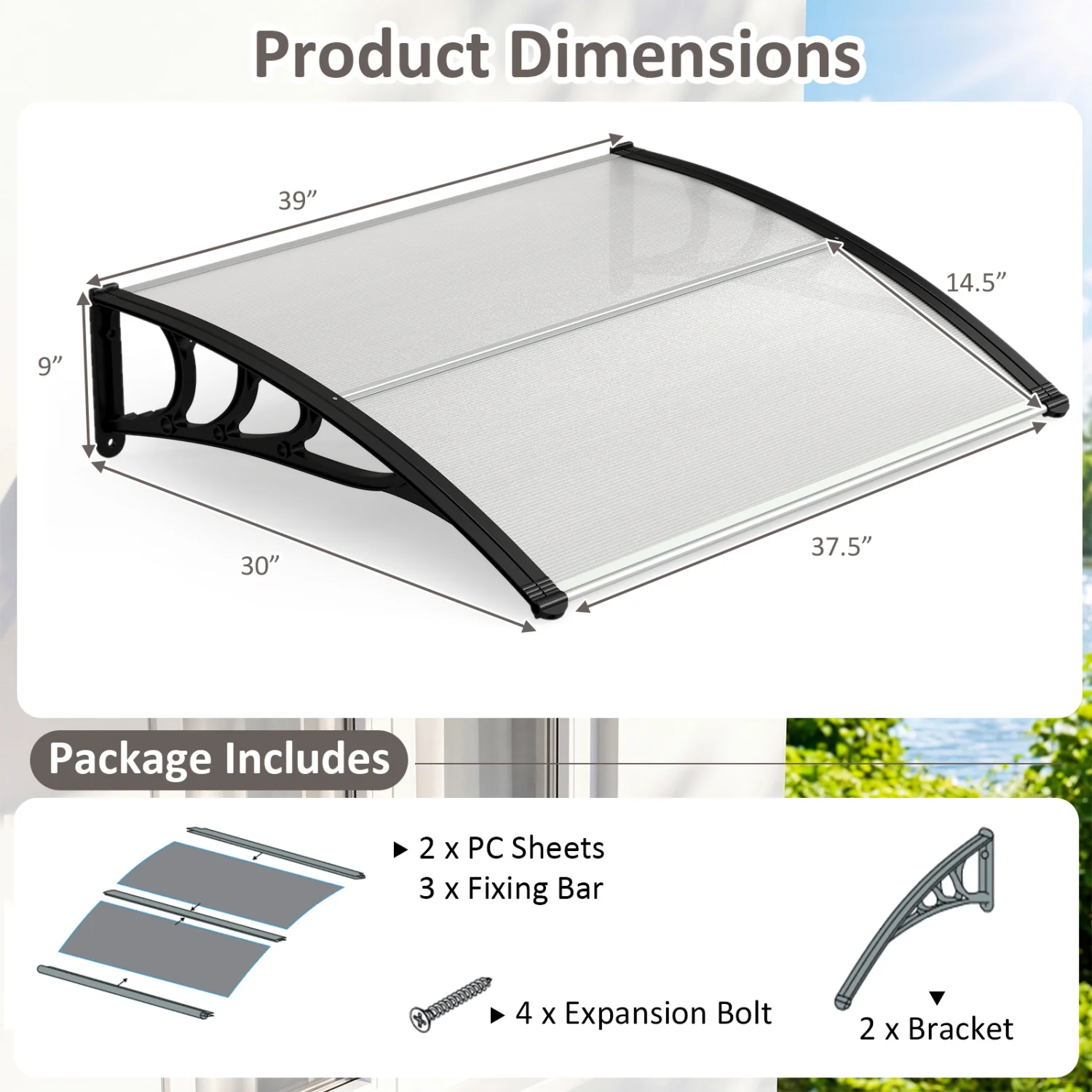 39 x 30 Inch Outdoor Door Awning Canopy, Exterior, Black - Image 4