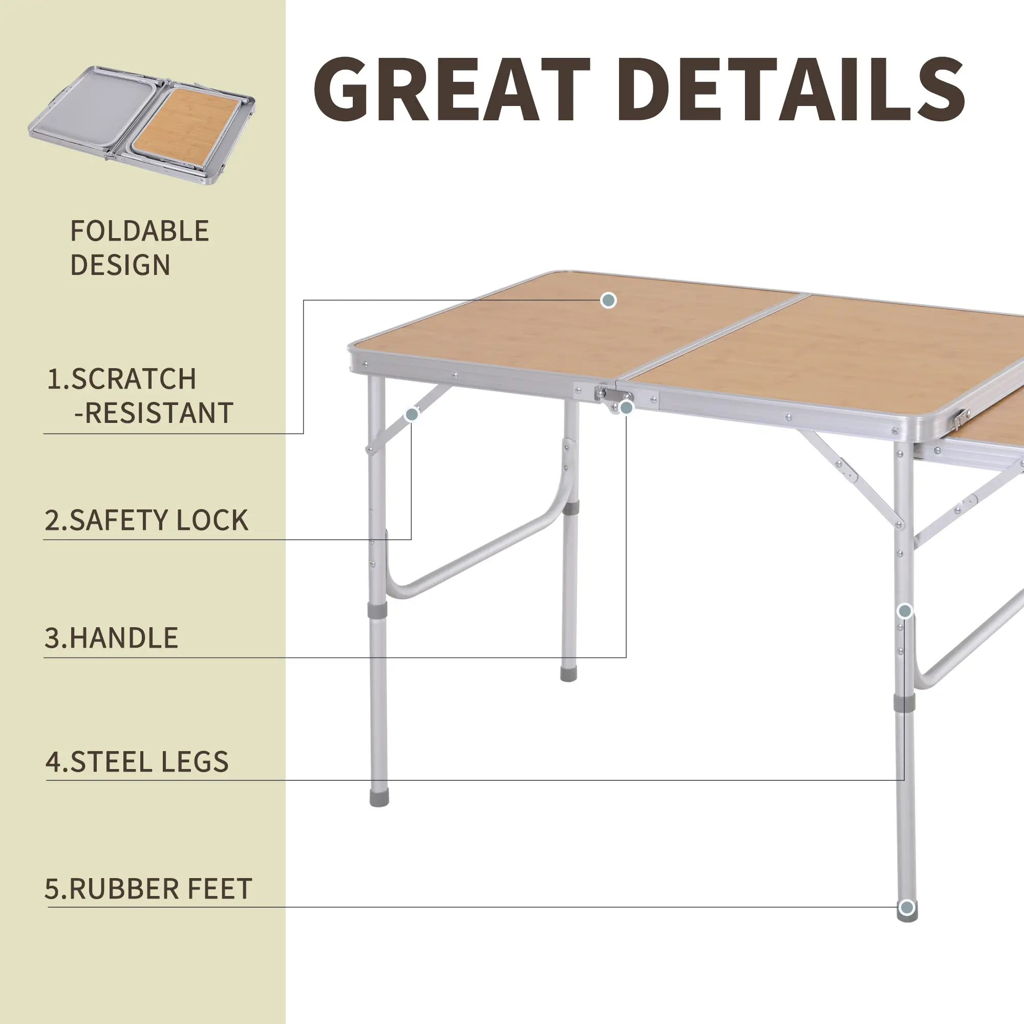 3ft Aluminum Folding Picnic Table, Portable Outdoor, 2 Adjustable Height - Image 7