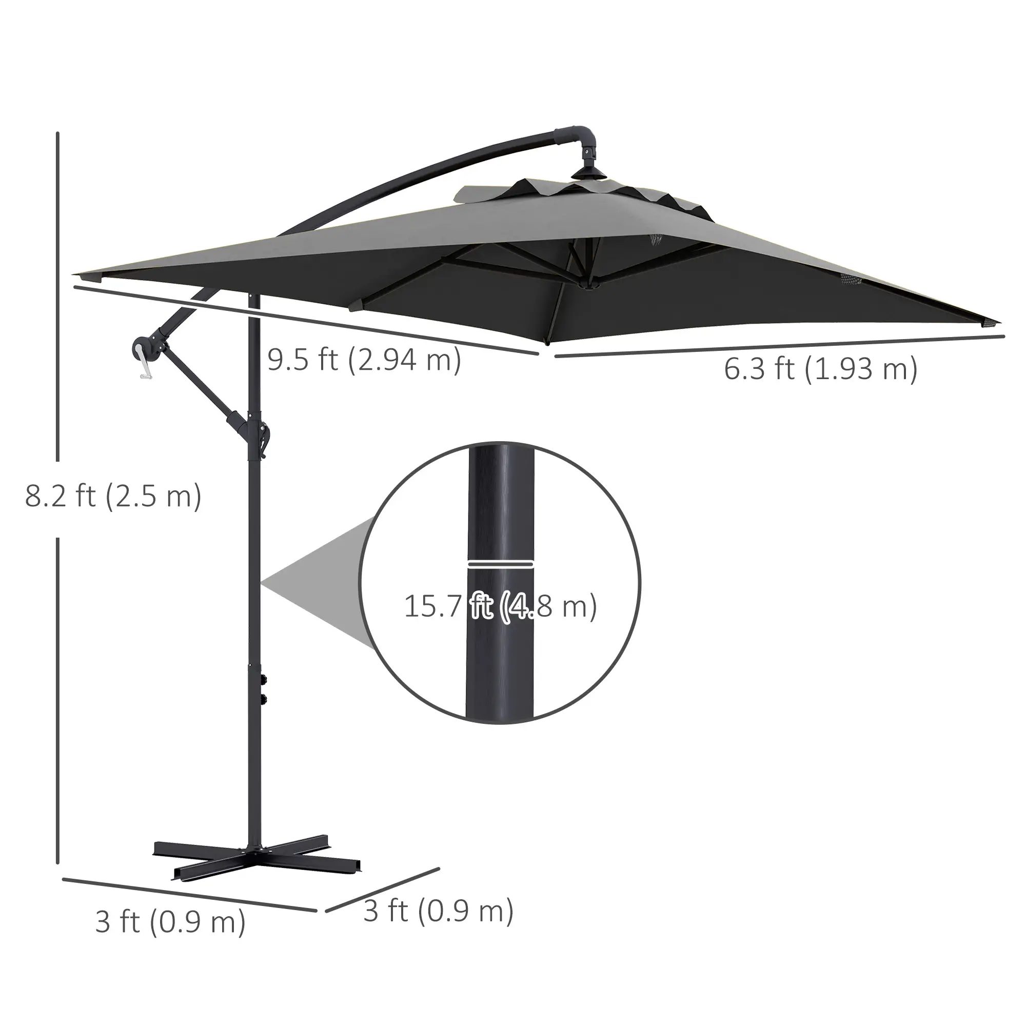 3m Patio Offset Umbrella, With Cross Base, Dark Grey - Image 3