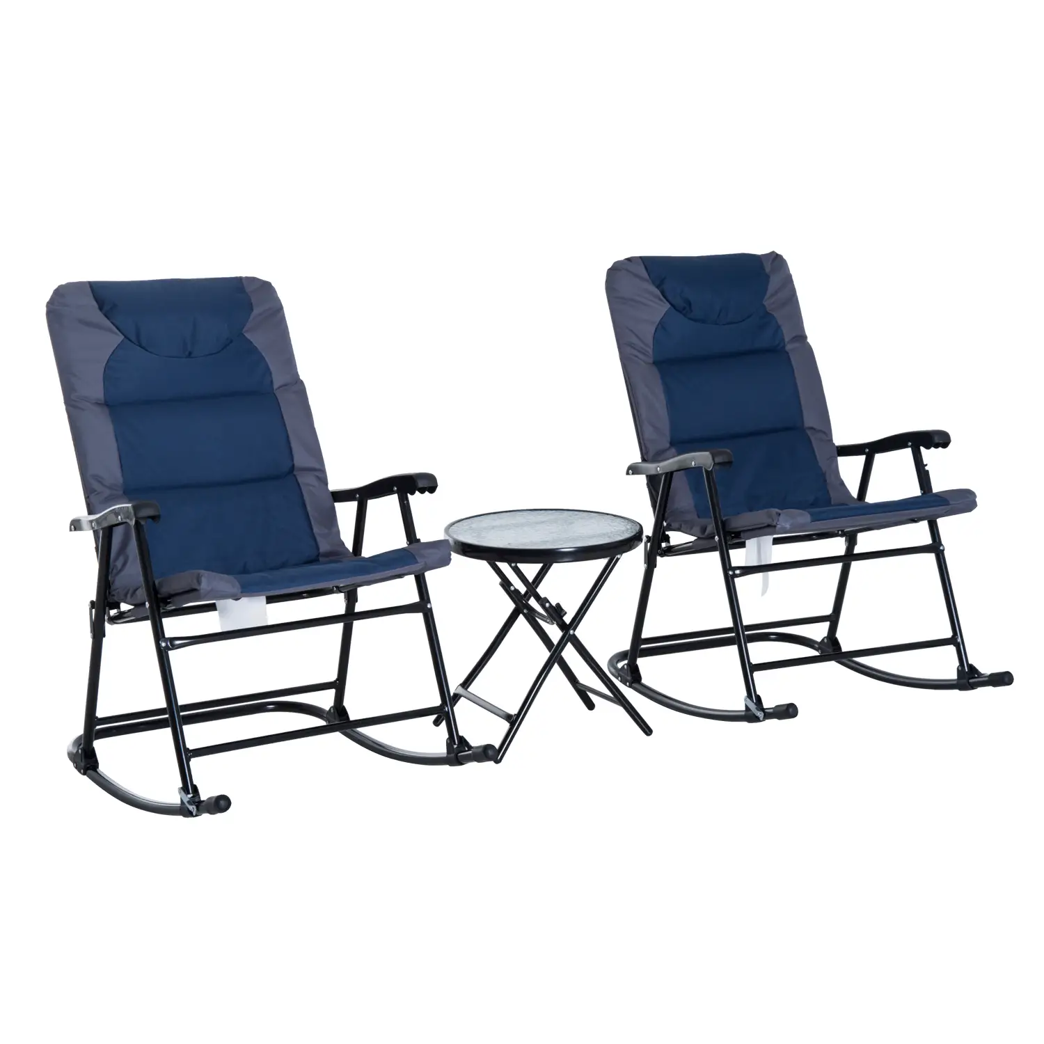 3pc Foldable Rocking Chair Set, Outdoor Bistro w/ Padded Seat, Blue