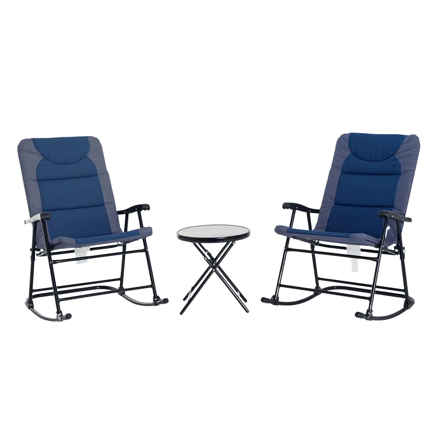 3pc Foldable Rocking Chair Set, Outdoor Bistro w/ Padded Seat, Blue - Image 11