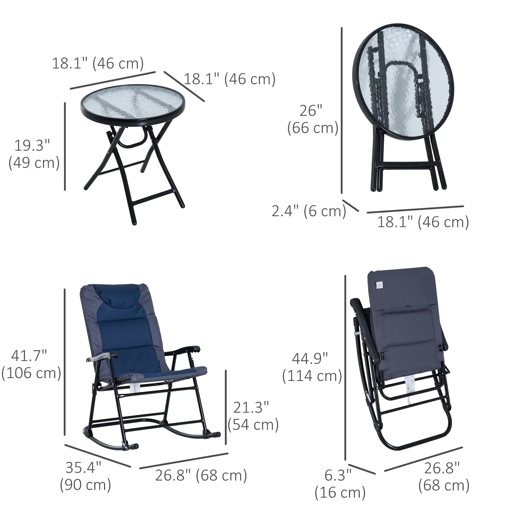 3pc Foldable Rocking Chair Set, Outdoor Bistro w/ Padded Seat, Blue - Image 3