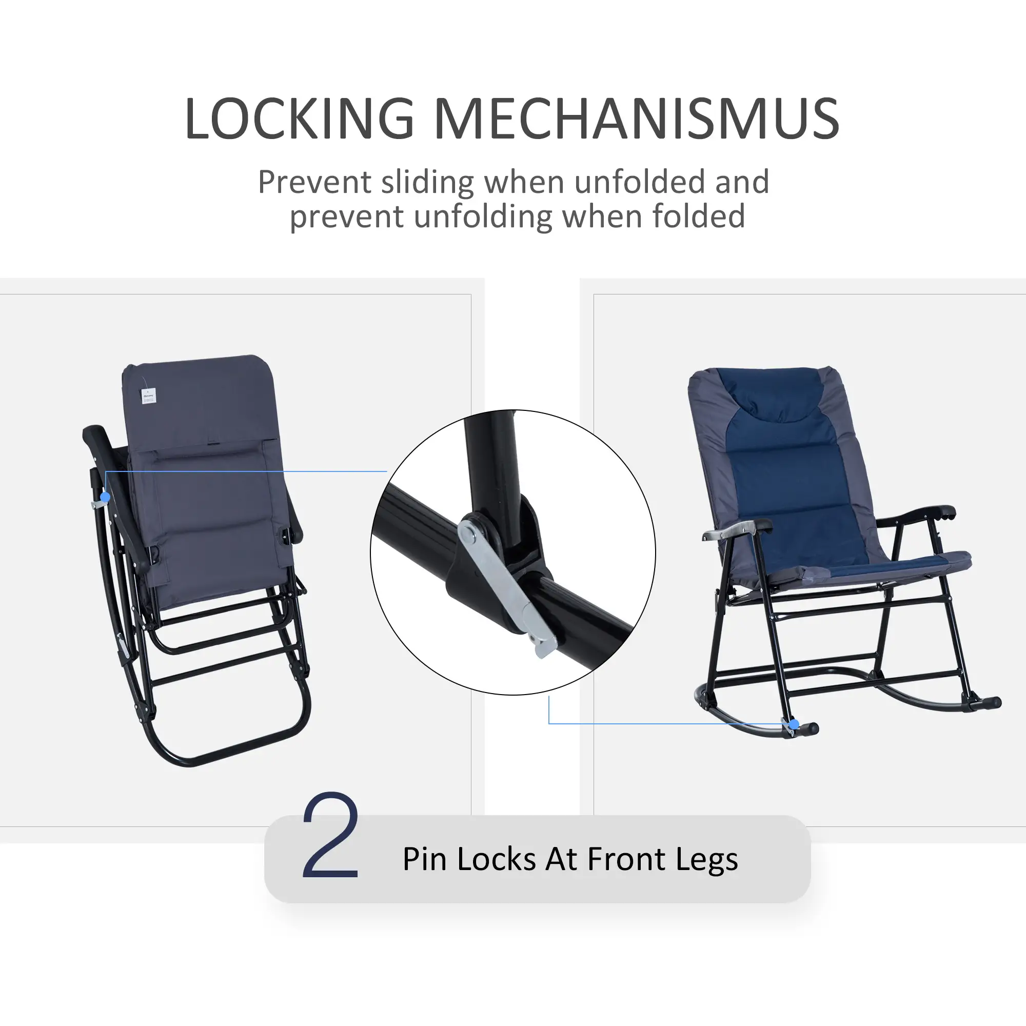 3pc Foldable Rocking Chair Set, Outdoor Bistro w/ Padded Seat, Blue - Image 5